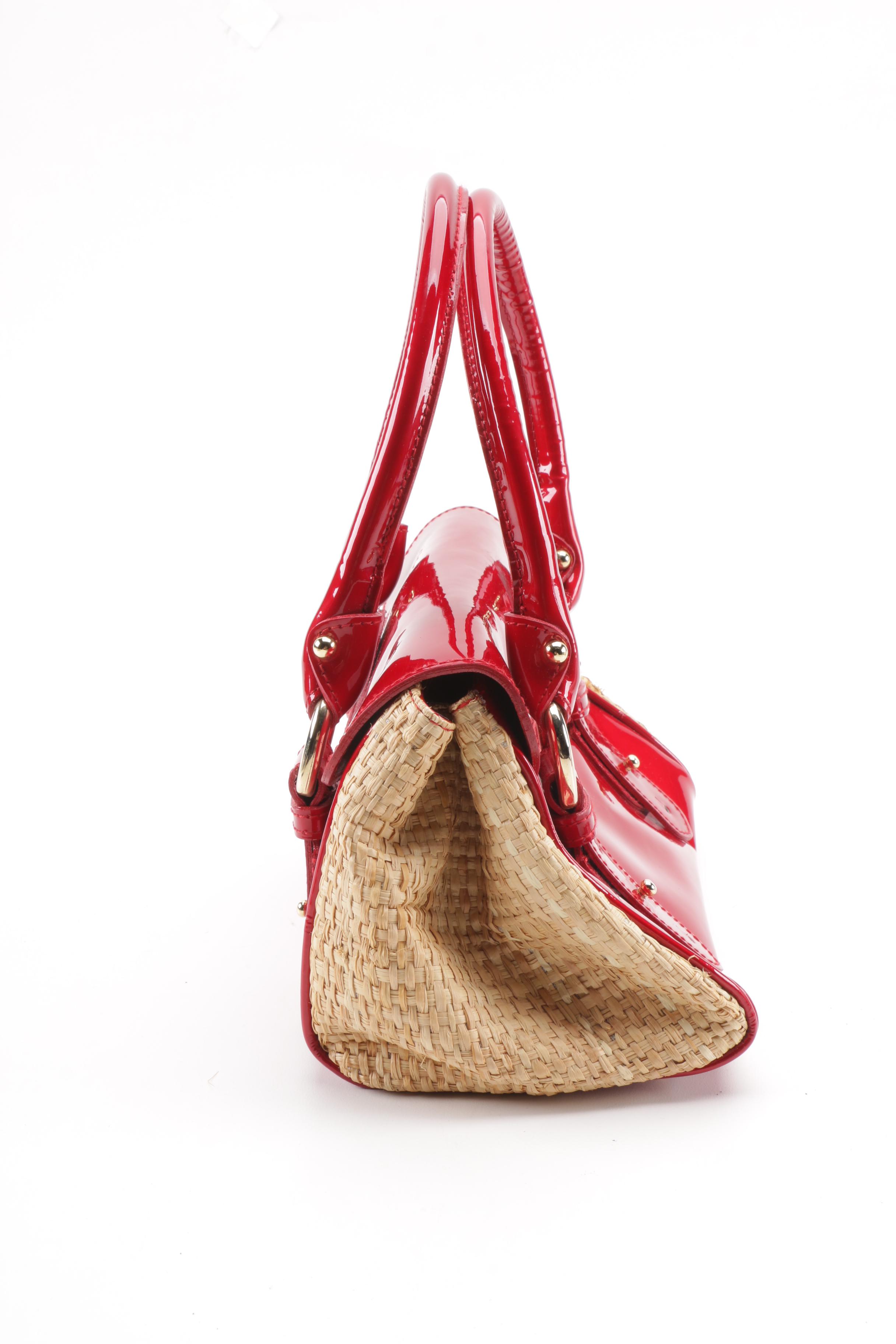 Stuart Weitzman Red Patent Leather and Straw Handbag with Other Clutch Wristlets