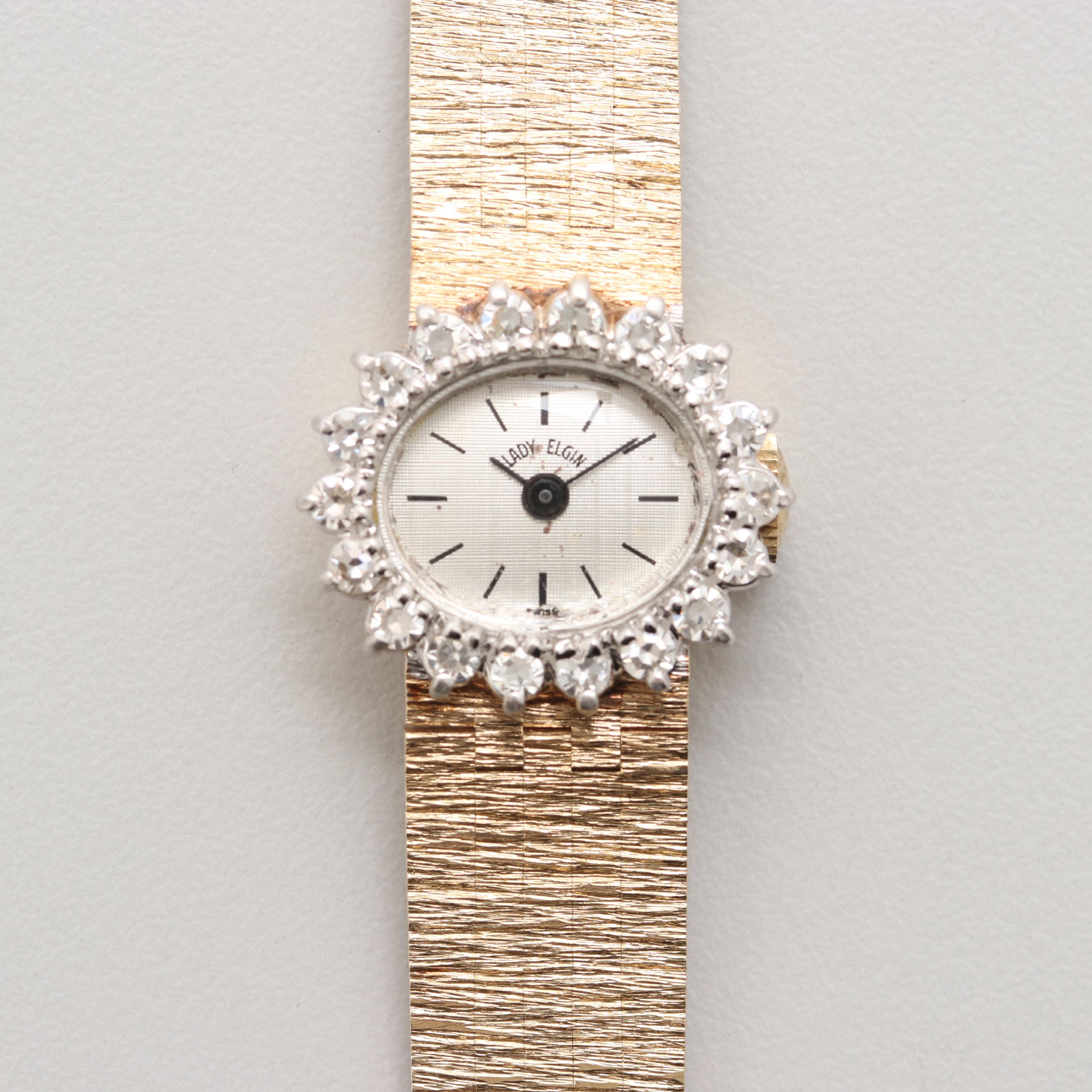 Vintage Lady Elgin 14K Yellow Gold Watch With Diamond Bezel