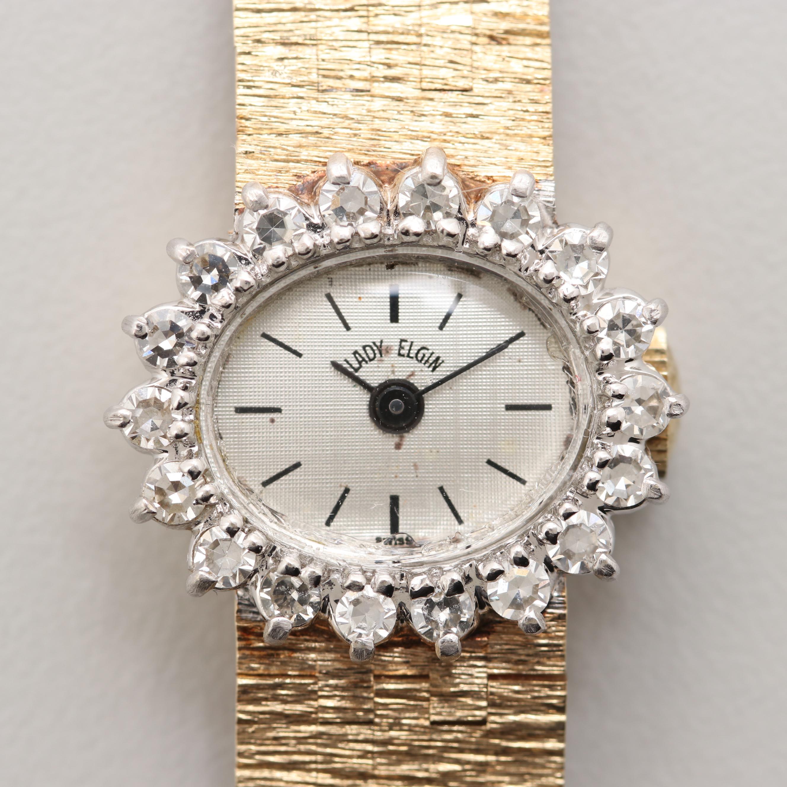 Vintage Lady Elgin 14K Yellow Gold Watch With Diamond Bezel