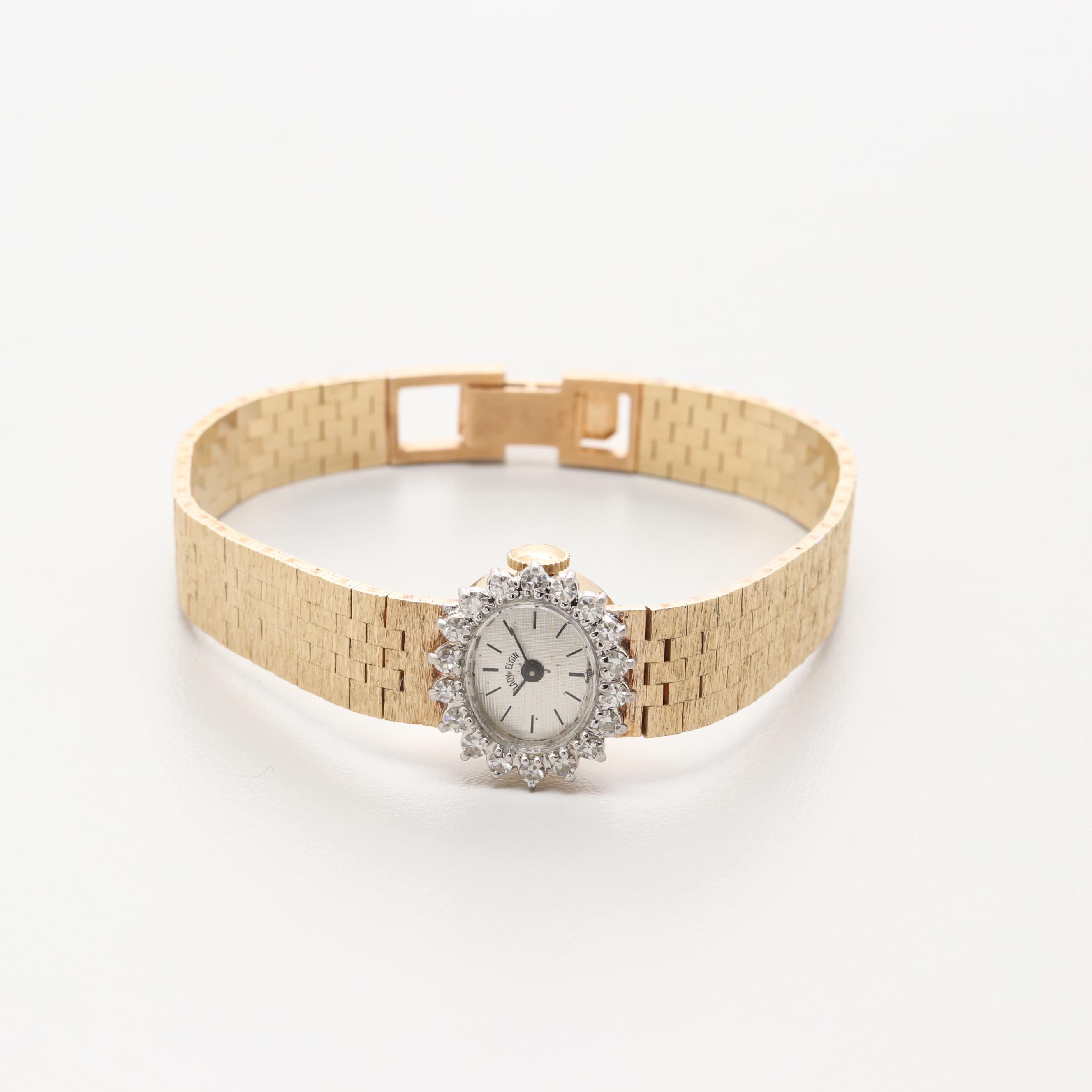 Vintage Lady Elgin 14K Yellow Gold Watch With Diamond Bezel