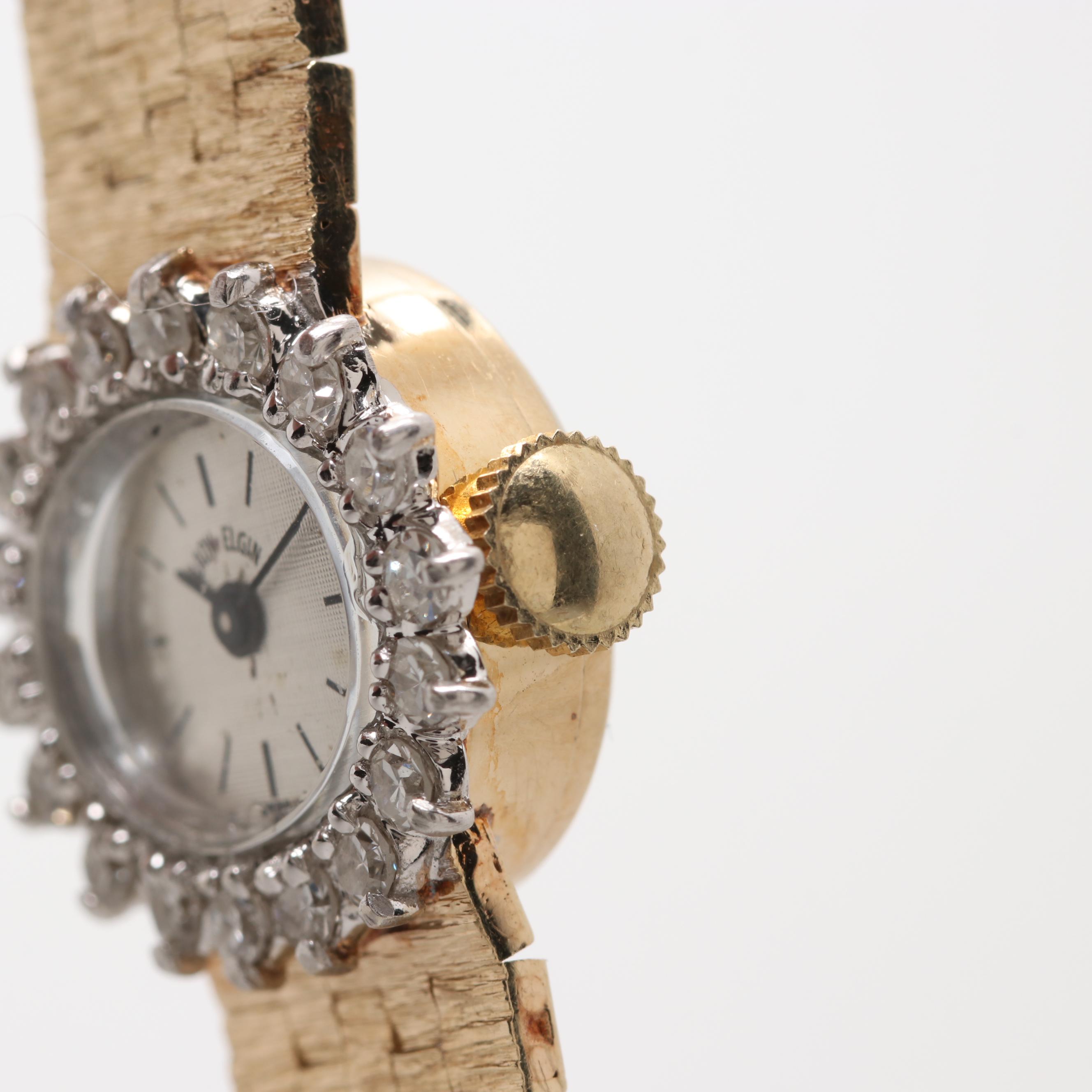 Vintage Lady Elgin 14K Yellow Gold Watch With Diamond Bezel