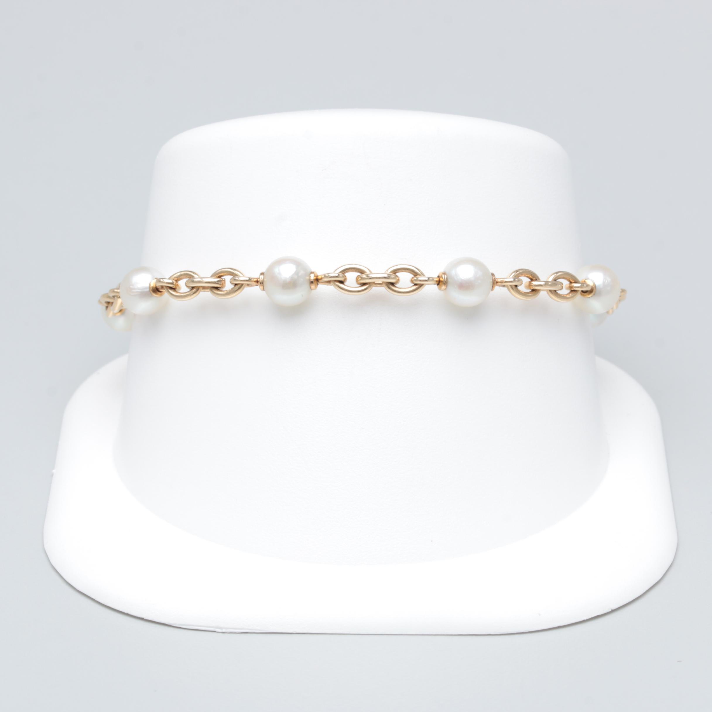 14K Yellow Gold Cultured Pearl Bracelet
