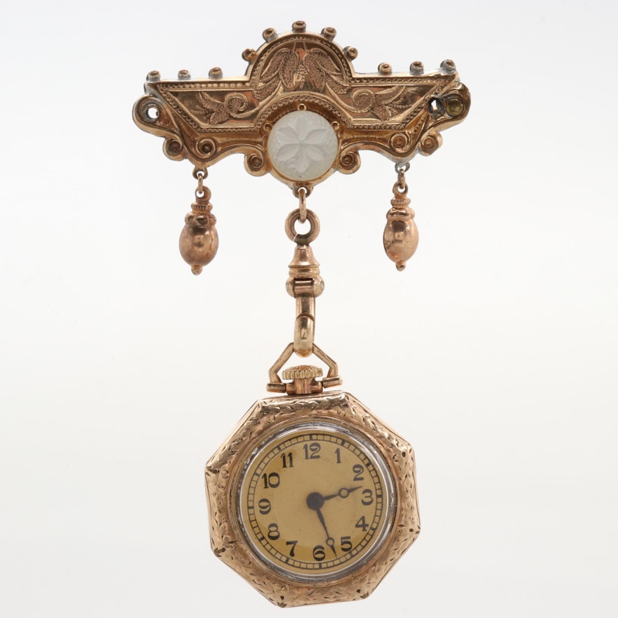 Swiss Gold Filled Pocket Watch Pin With Mother of Pearl