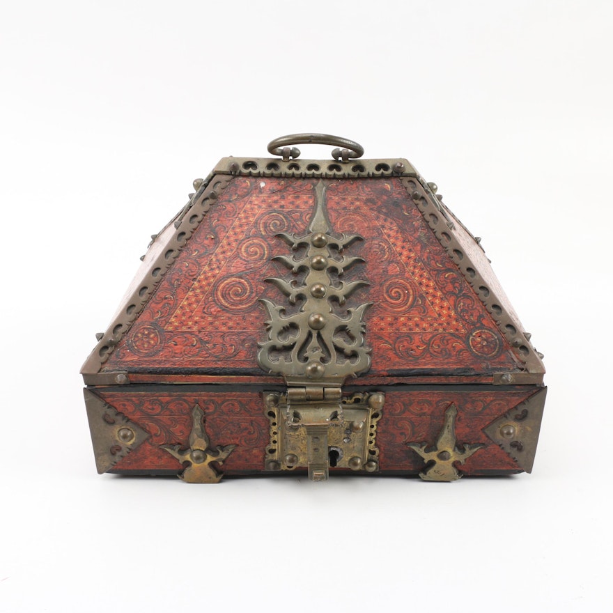 Indian Painted Wooden Dowry Box with Brass Hardware