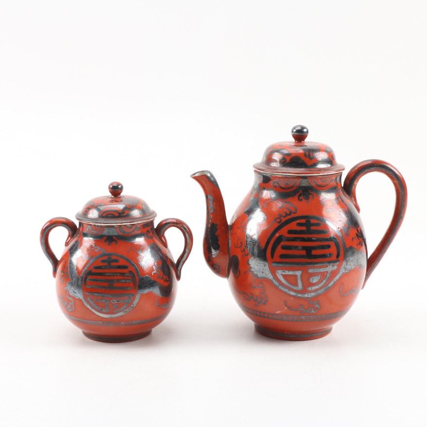 Chinese Rust and Silver Tone Ceramic Teapot and Sugar Bowl