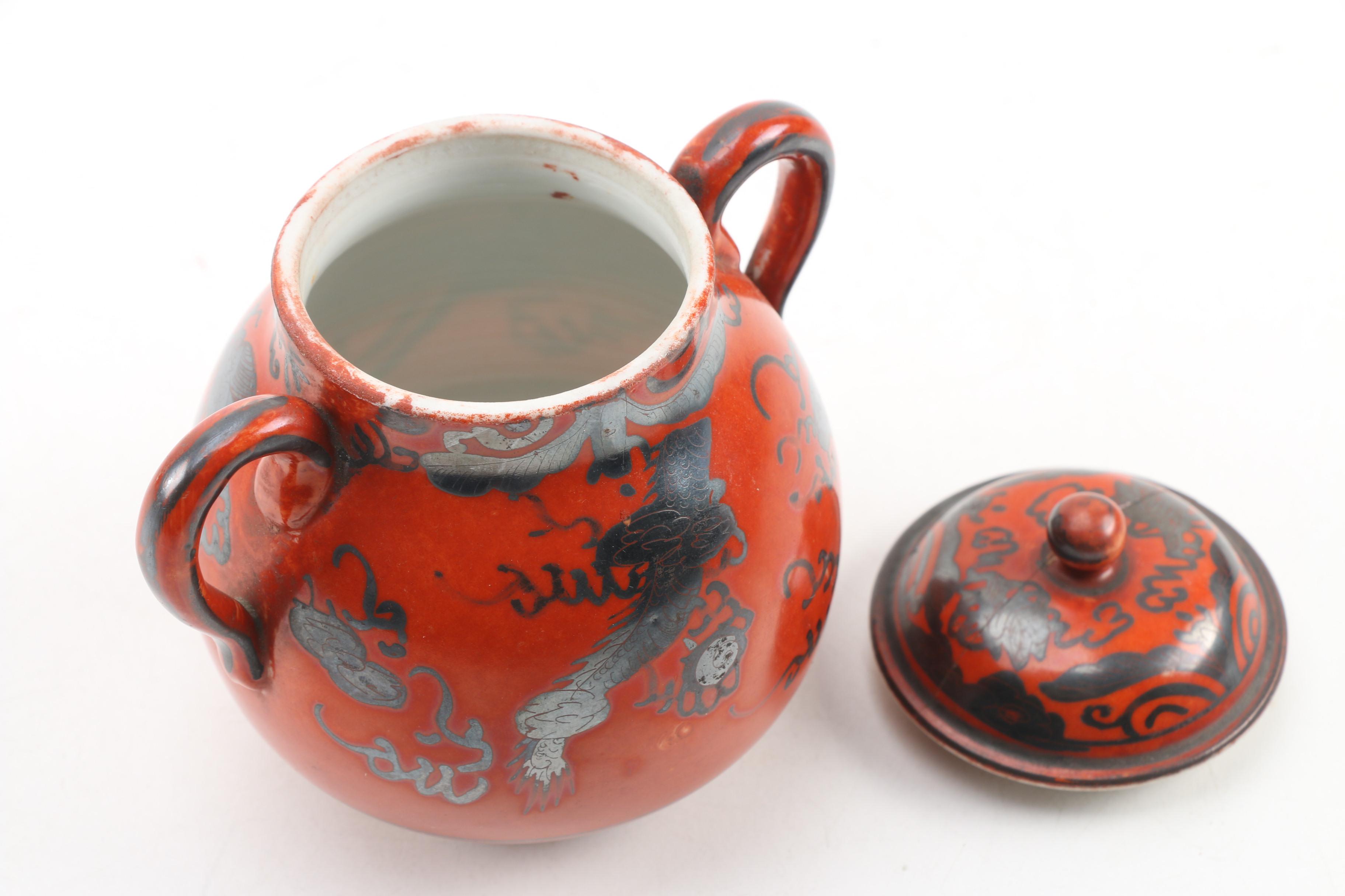 Chinese Rust and Silver Tone Ceramic Teapot and Sugar Bowl