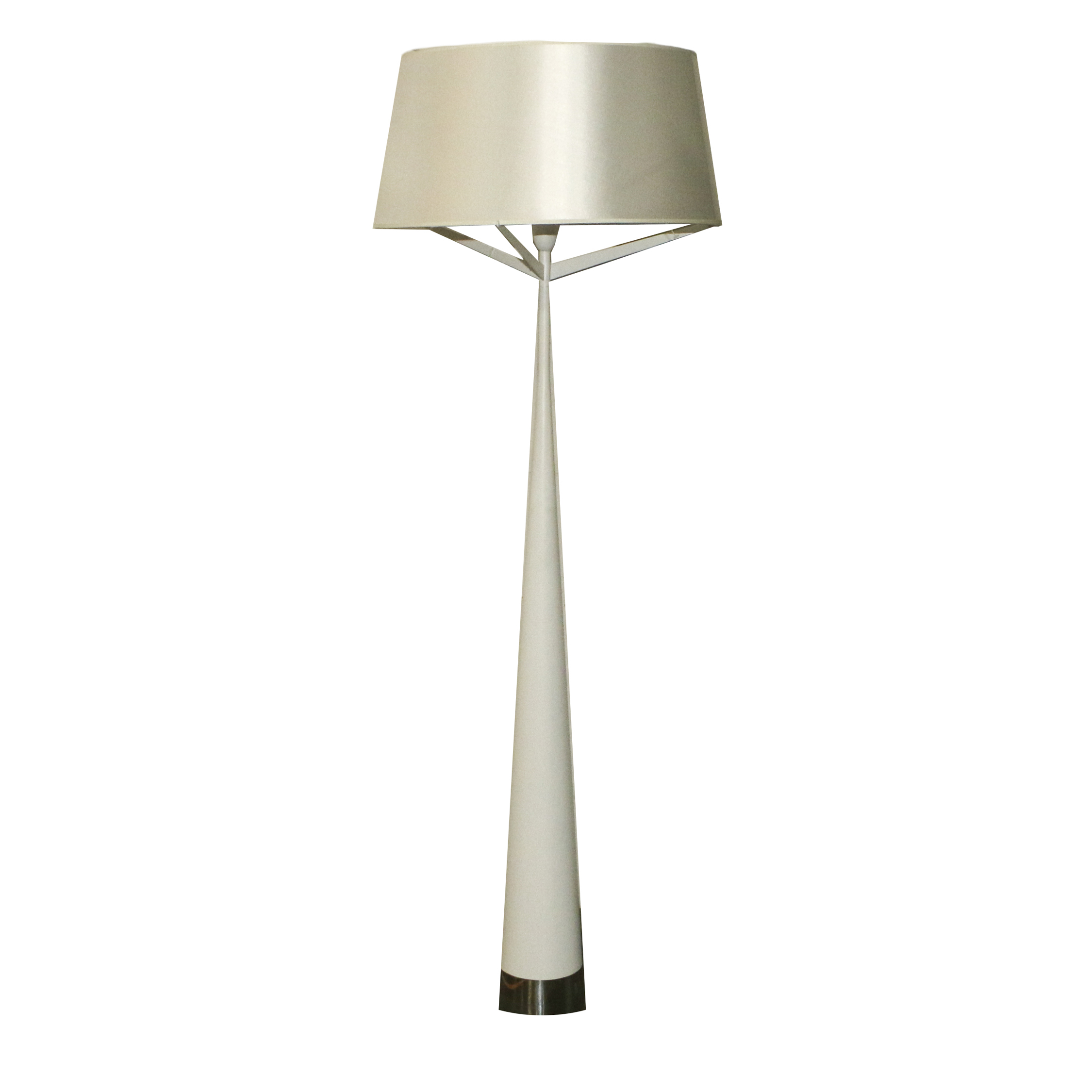Tapered White Metal Floor Lamp with Chrome Base and Fabric Shade