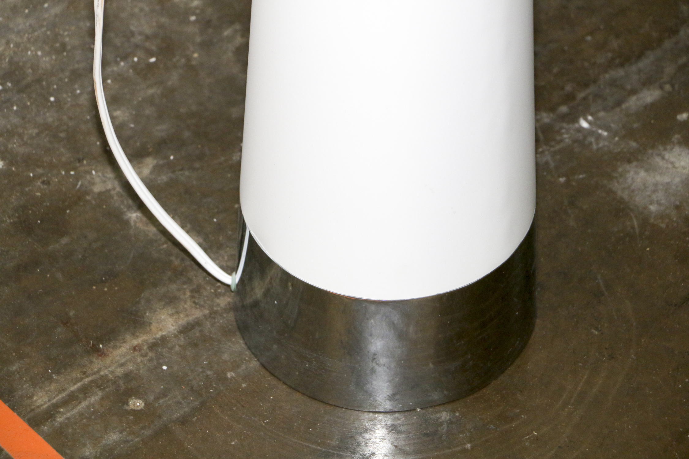 Tapered White Metal Floor Lamp with Chrome Base and Fabric Shade