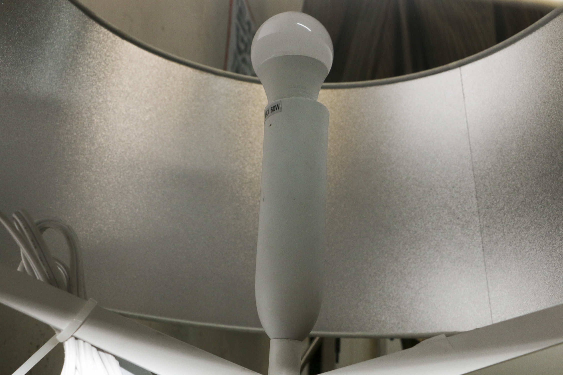 Tapered White Metal Floor Lamp with Chrome Base and Fabric Shade