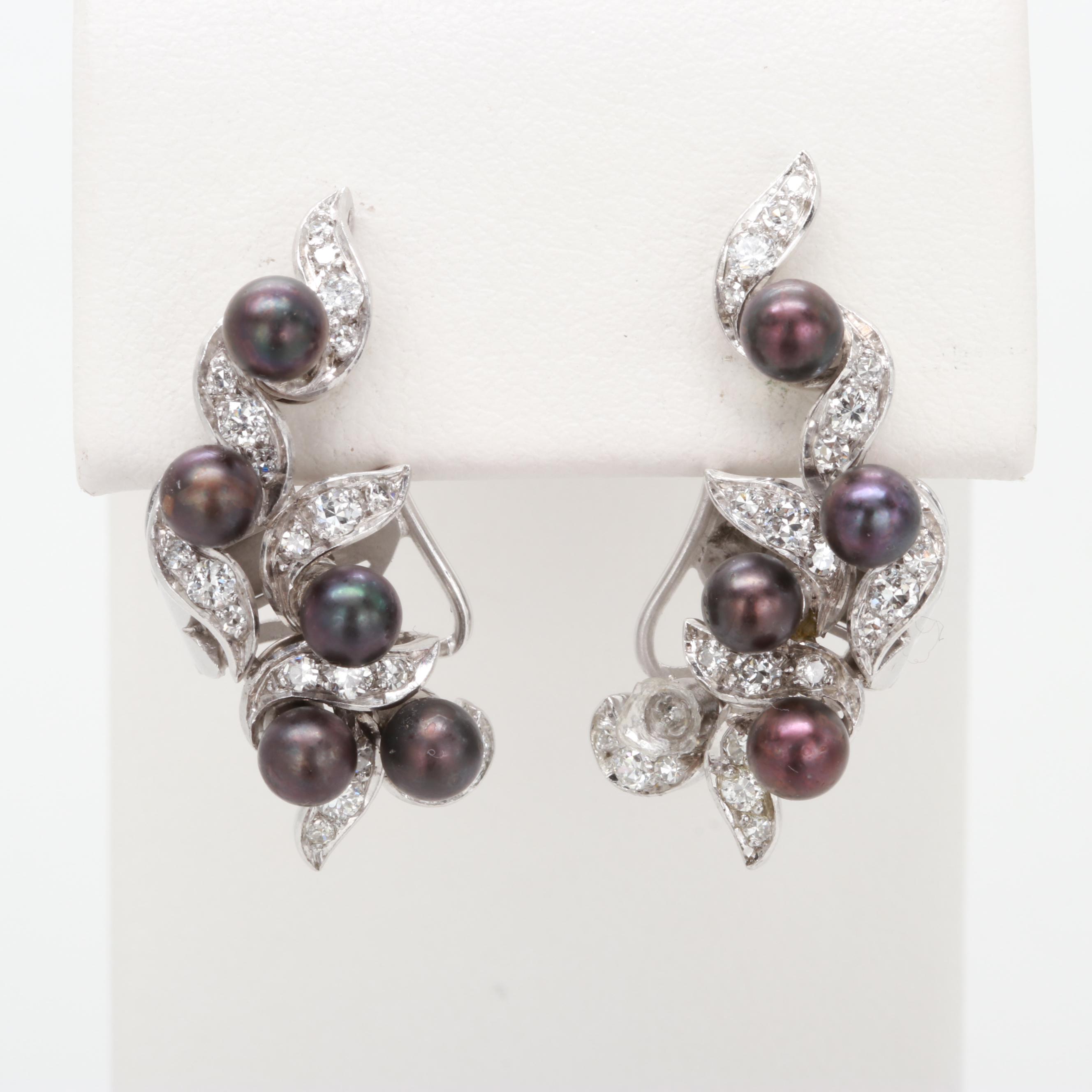 Platinum, 18K and 14K Cultured Pearl and Diamond Earrings