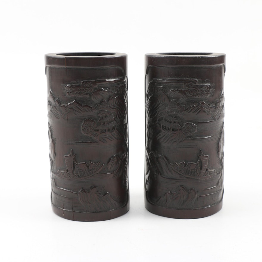 Pair of Chinese Hand-Carved Bamboo Brush Pots