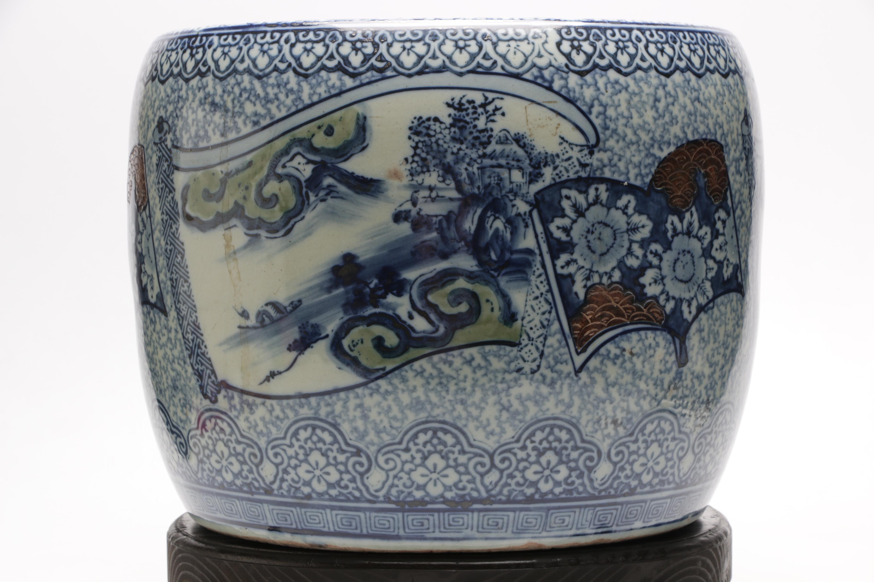 Large Chinese Fish Bowl Planter with Wooden Stand