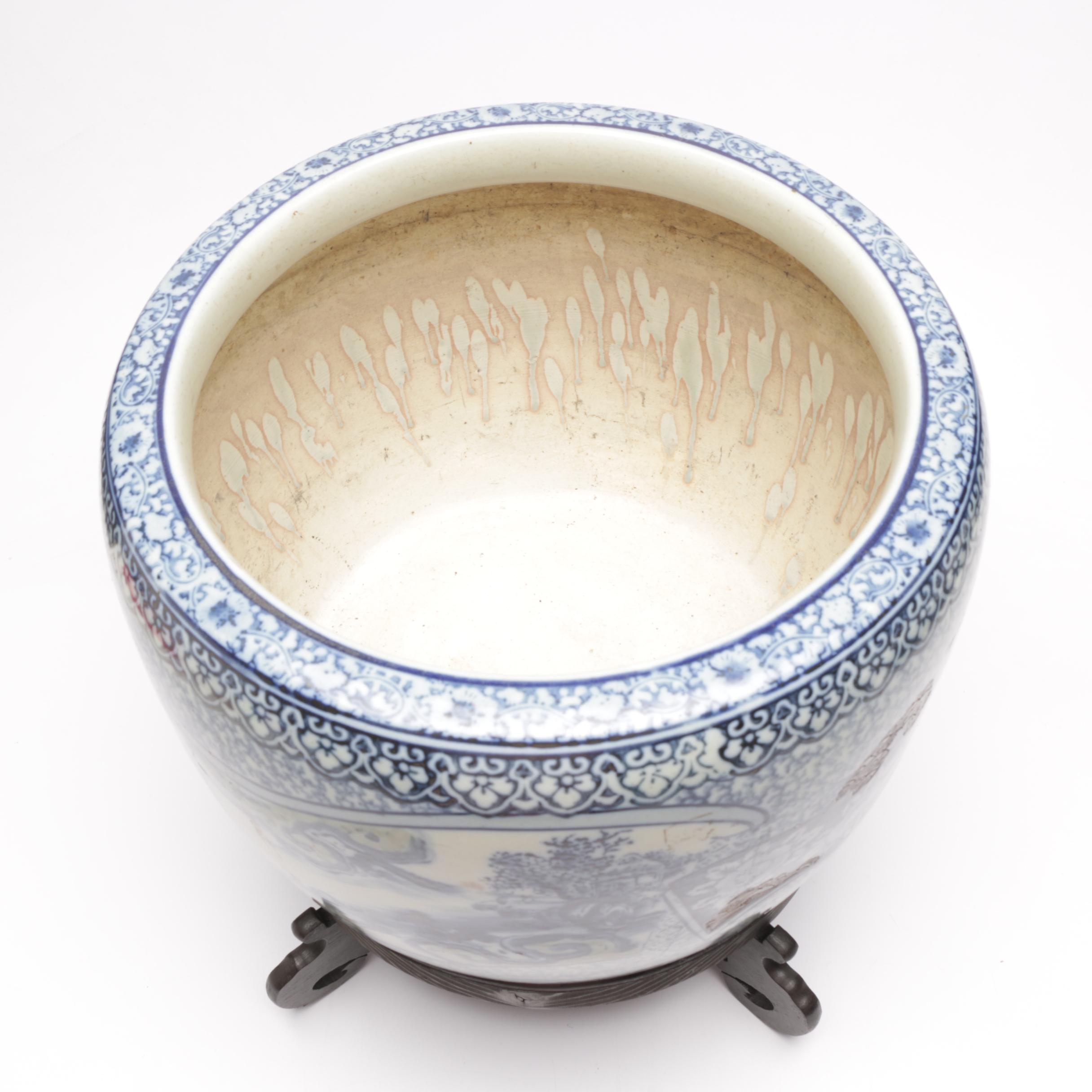 Large Chinese Fish Bowl Planter with Wooden Stand