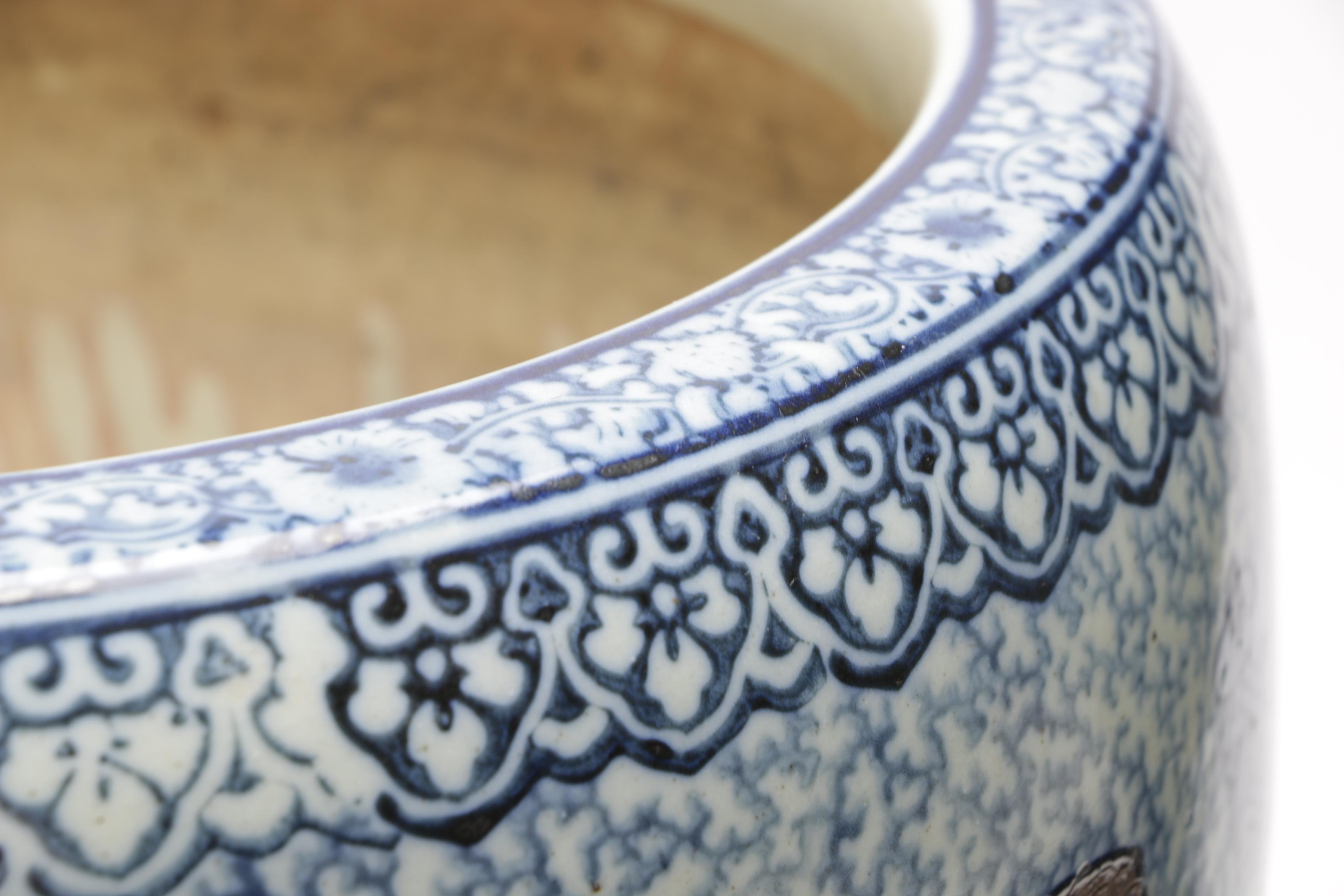 Large Chinese Fish Bowl Planter with Wooden Stand