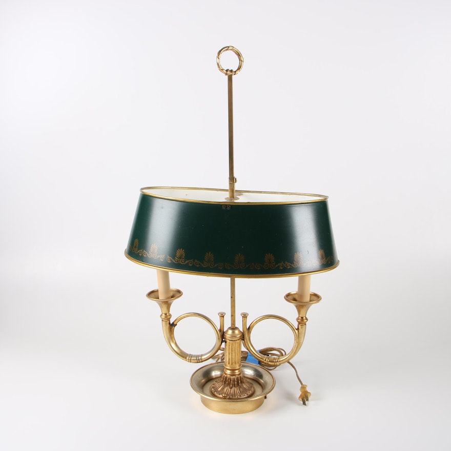 Empire Style Gilt Metal Hunting Horn Bouillotte Table Lamp with Tole Lamp Shade