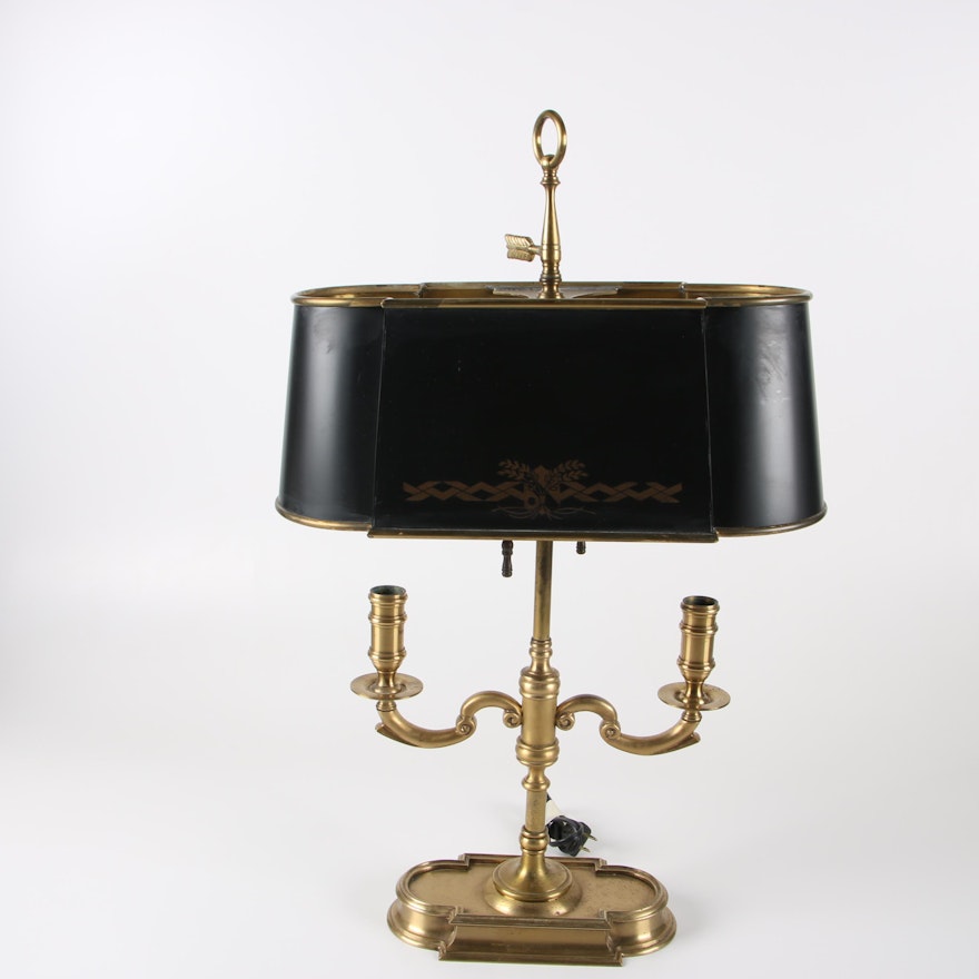 Empire Style Wildwood Brass Bouillotte Table Lamp with Tole Lamp Shade