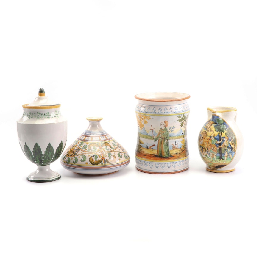 Italian Hand-Painted Faïence Planter and Vases Featuring L'Antica Deruta