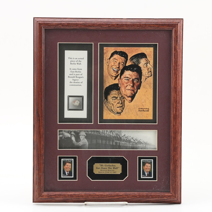 Framed Berlin Wall Remnant with Ronald Reagan Stamps