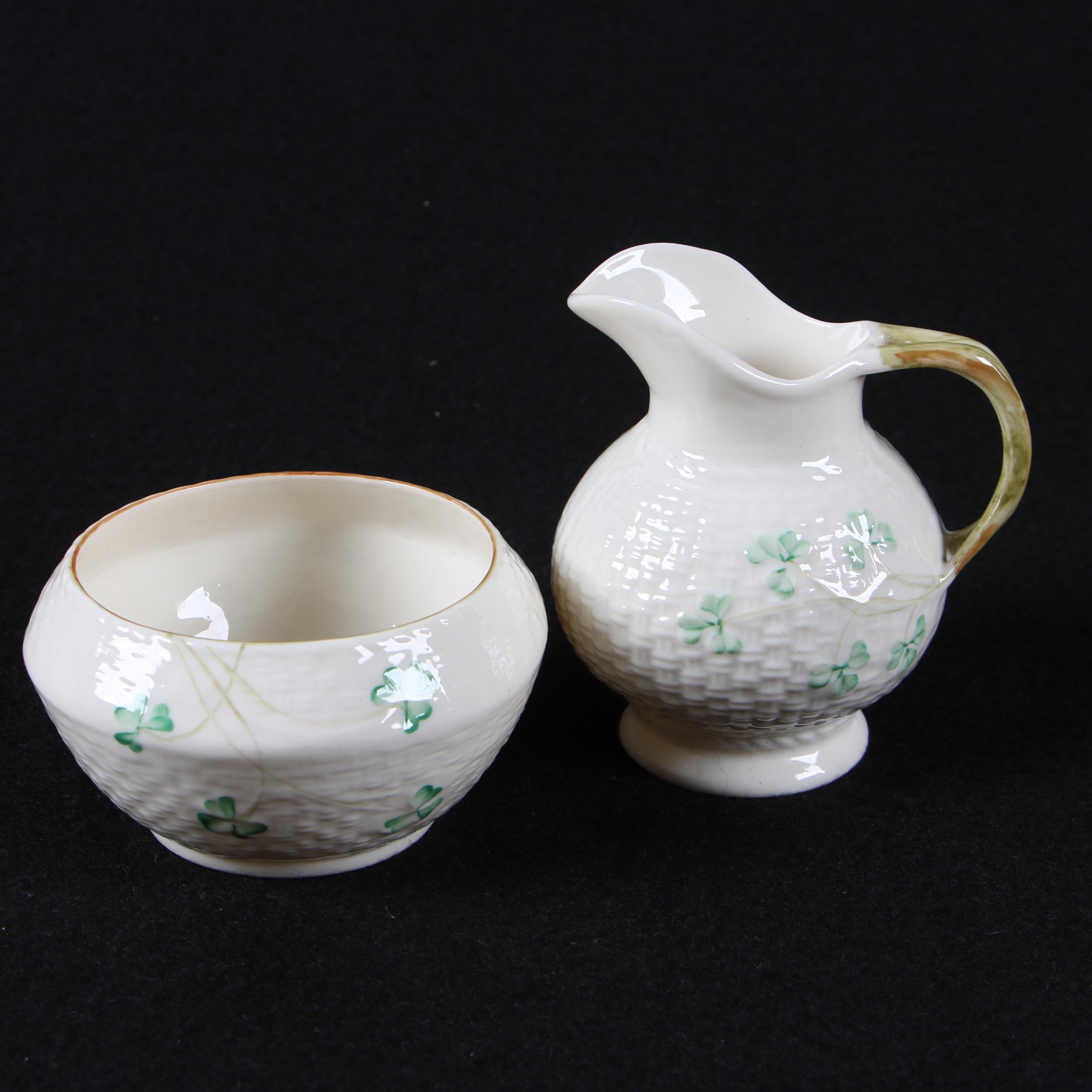 Belleek Porcelain "Shamrock" Creamer Pitcher and Sugar Bowl