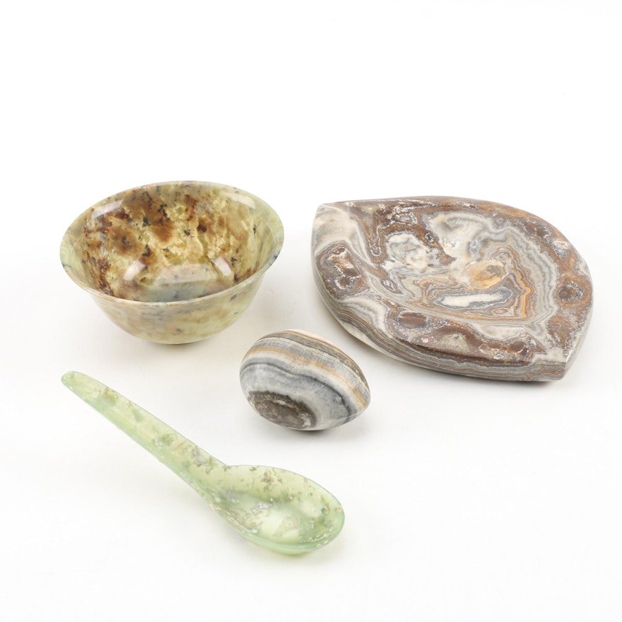 Carved Onyx Egg and Ashtray with Spinach Jade Bowl and Spoon