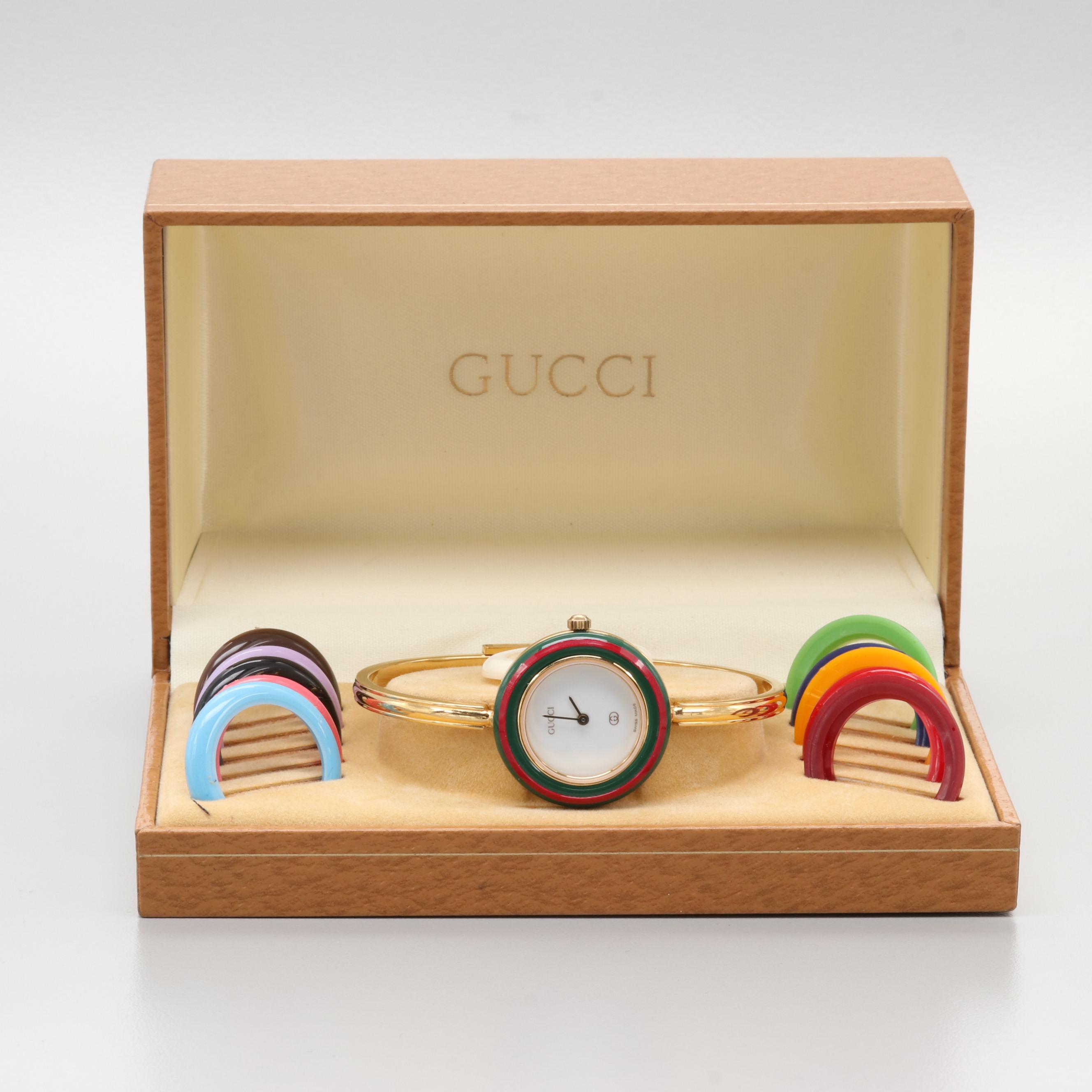 Gucci 1100-L Gold Tone Quartz Watch With Interchangeable Bezels