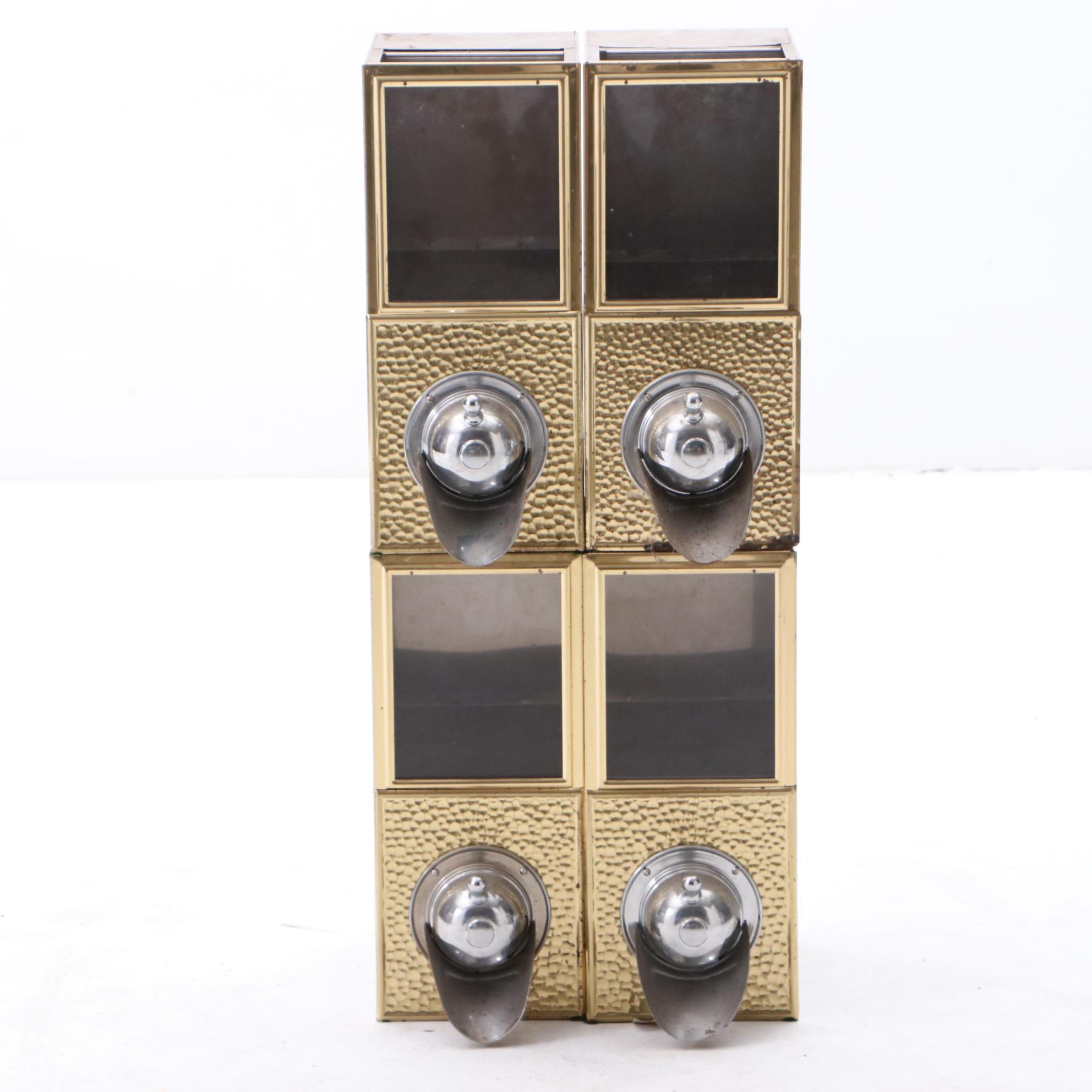 Four Commercial Stainless Coffee Bean Dispensers with Hammered Brass Detail