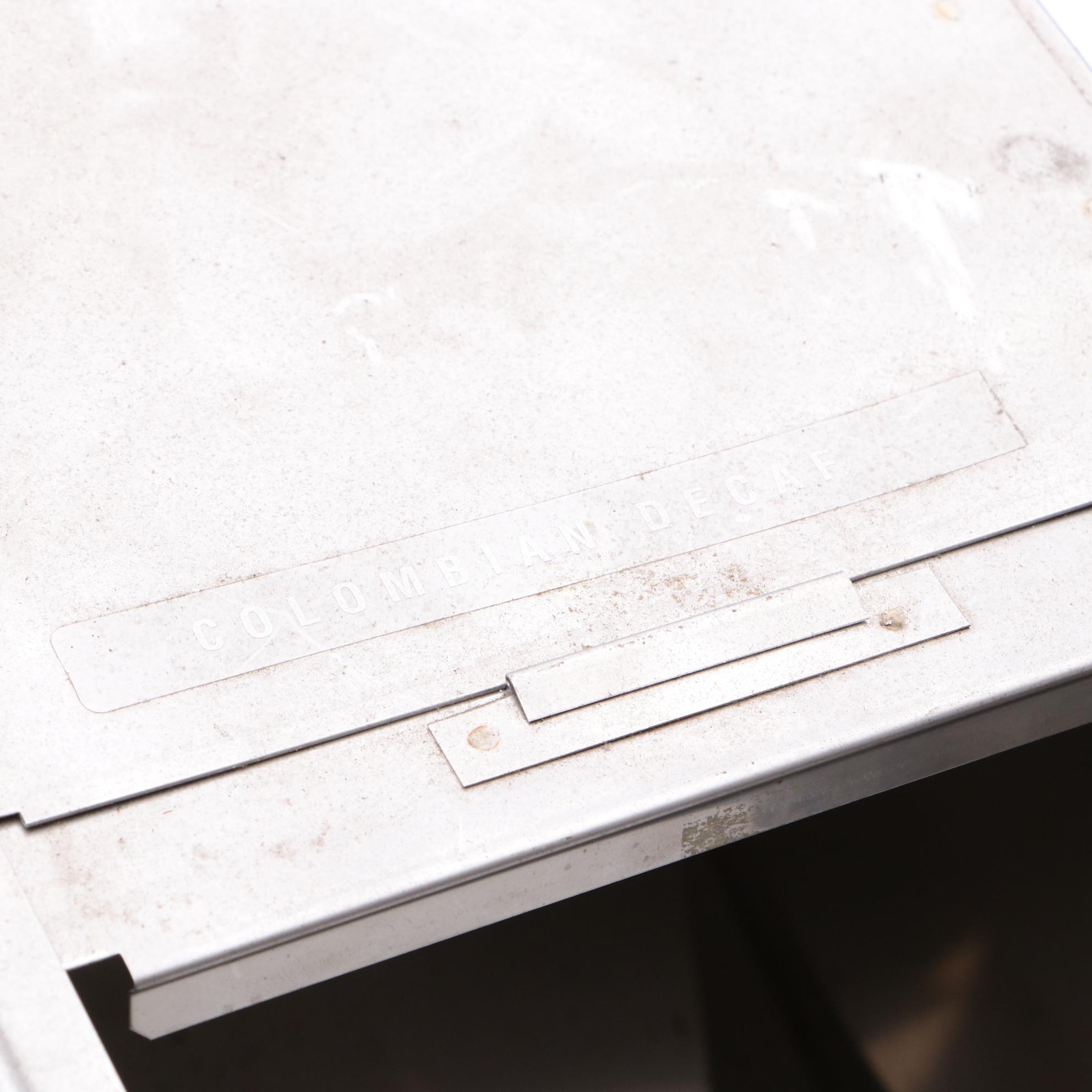 Four Commercial Stainless Coffee Bean Dispensers with Hammered Brass Detail