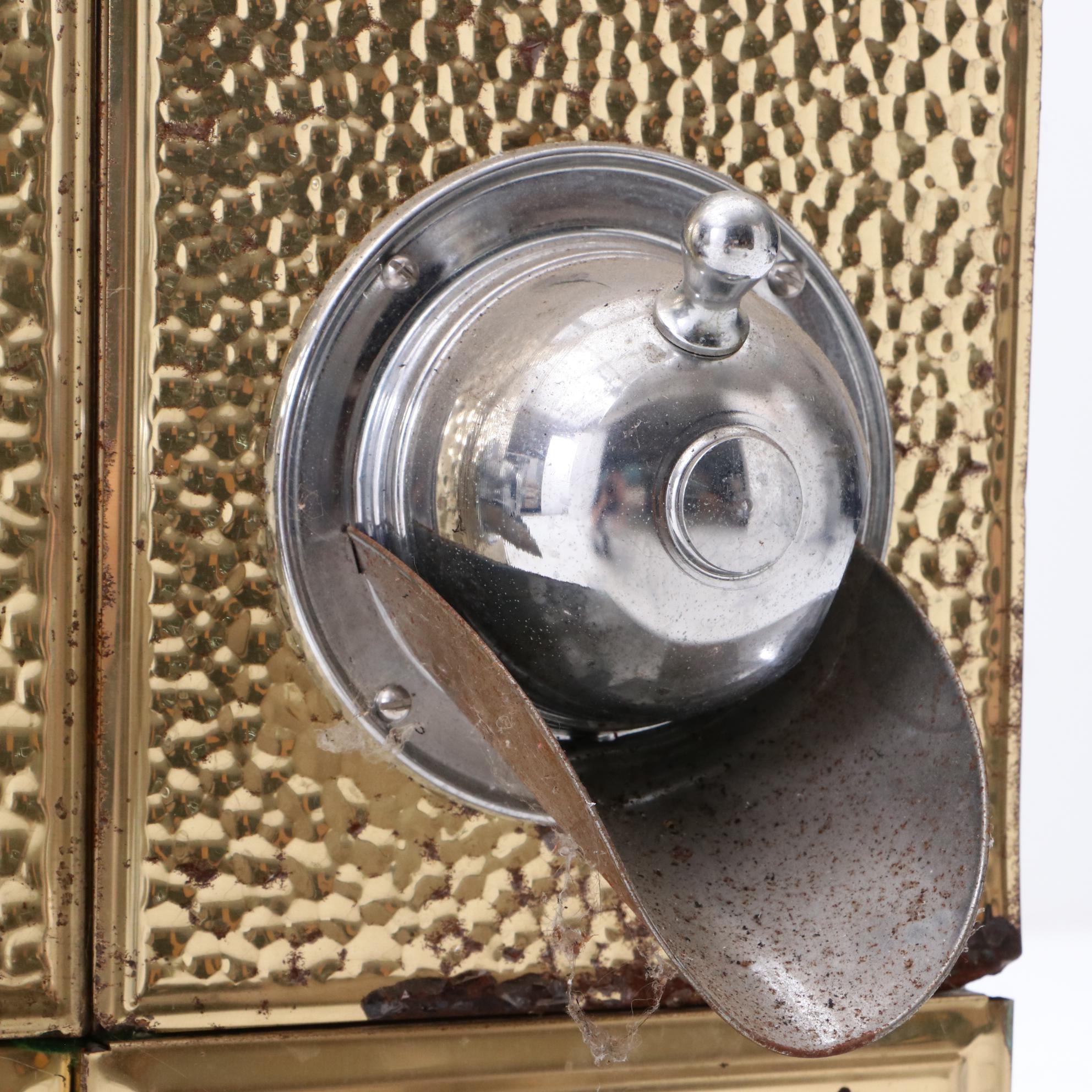 Four Commercial Stainless Coffee Bean Dispensers with Hammered Brass Detail