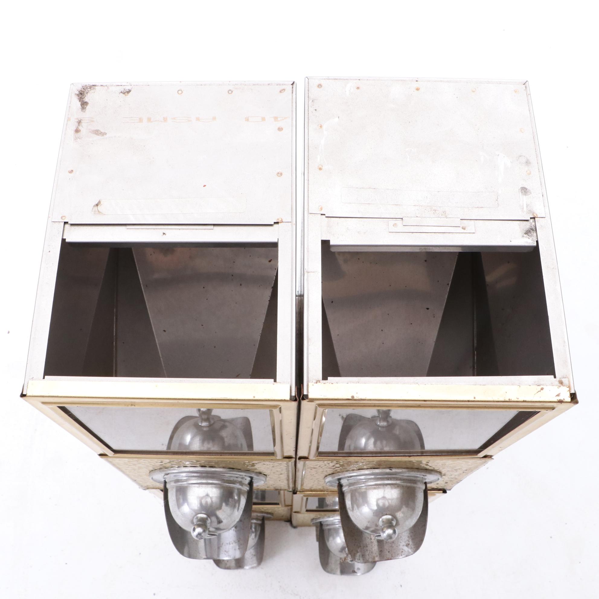 Four Commercial Stainless Coffee Bean Dispensers with Hammered Brass Detail