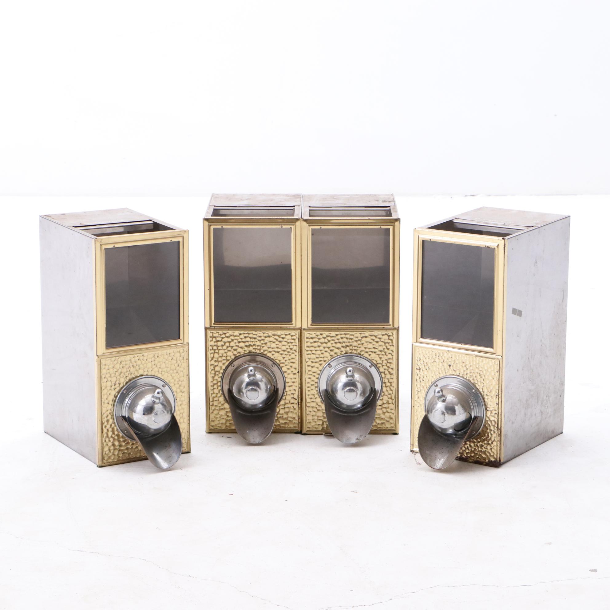 Four Commercial Stainless Coffee Bean Dispensers with Hammered Brass Detail