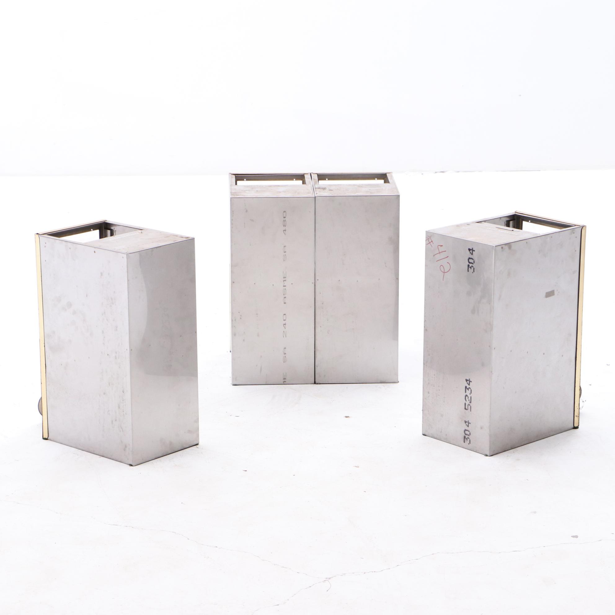 Four Commercial Stainless Coffee Bean Dispensers with Hammered Brass Detail