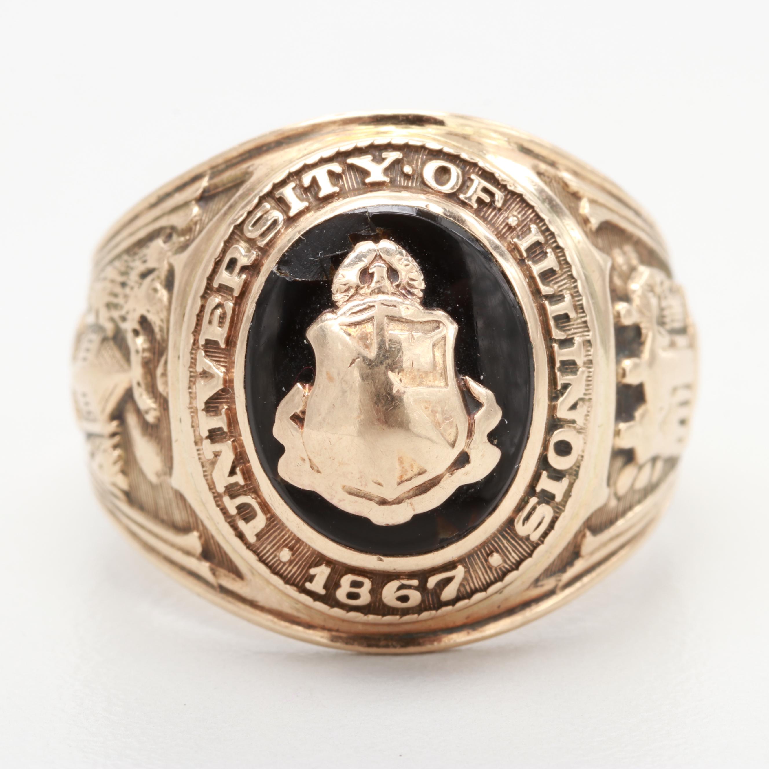 University of Illinois 10K Yellow Gold Black Onyx Class Ring