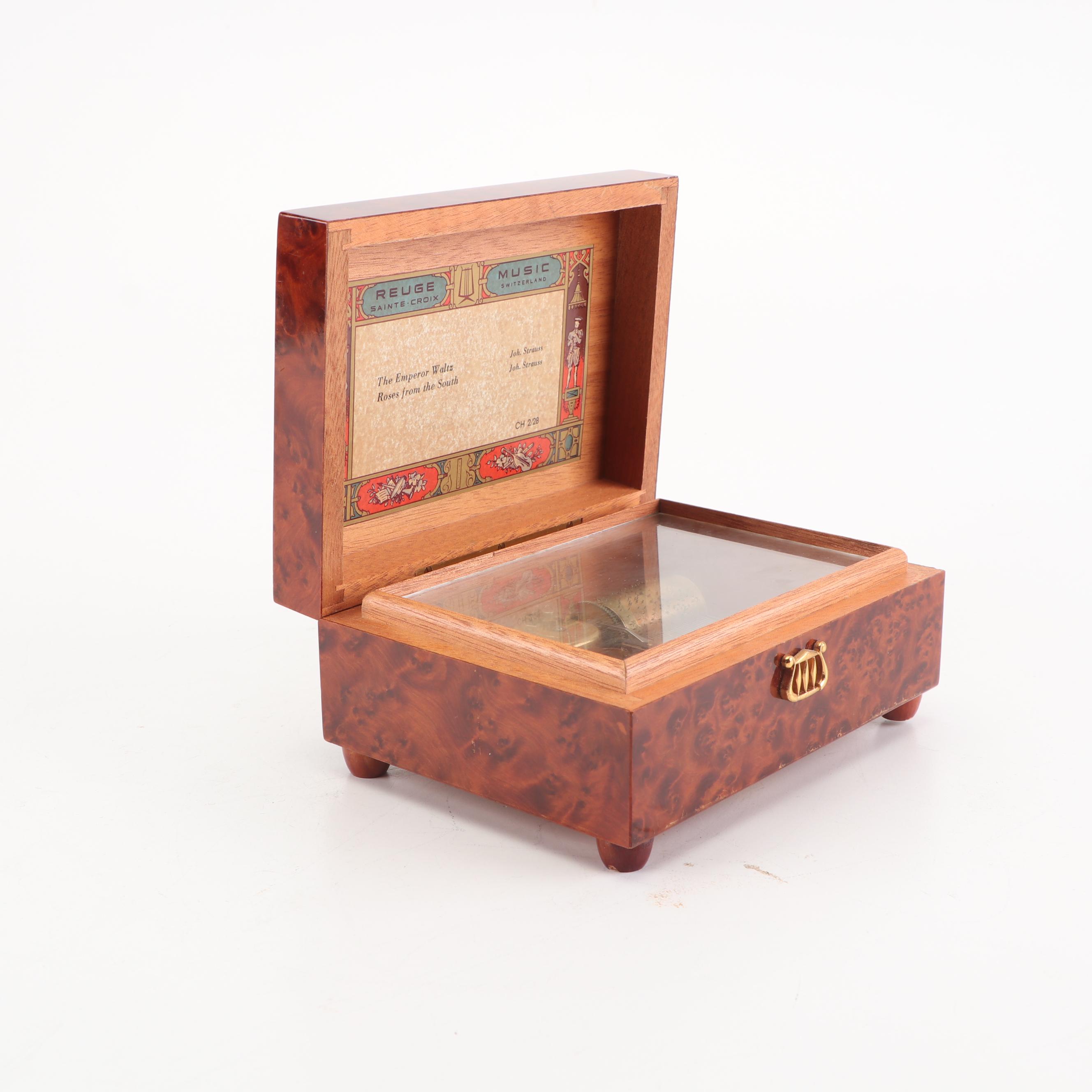 Neiman-Marcus Bird's Eye Maple Veneer Reuge Swiss Music Box