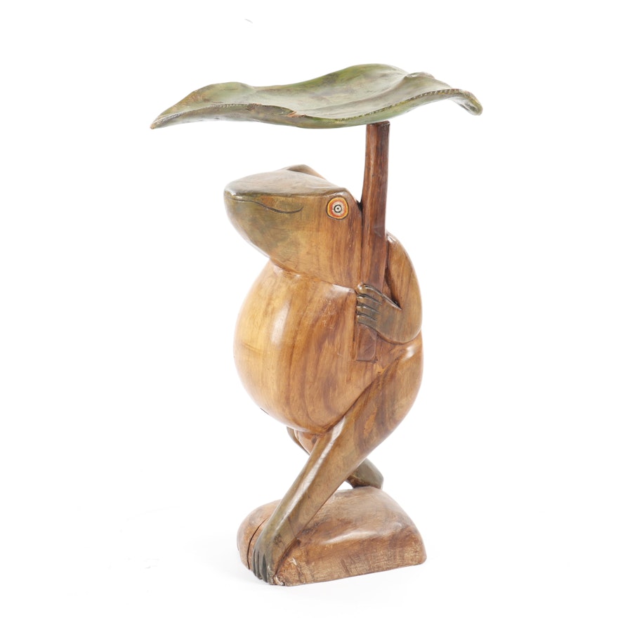 Folk Art Carved Wood Frog with Umbrella Accent Table, 21st Century