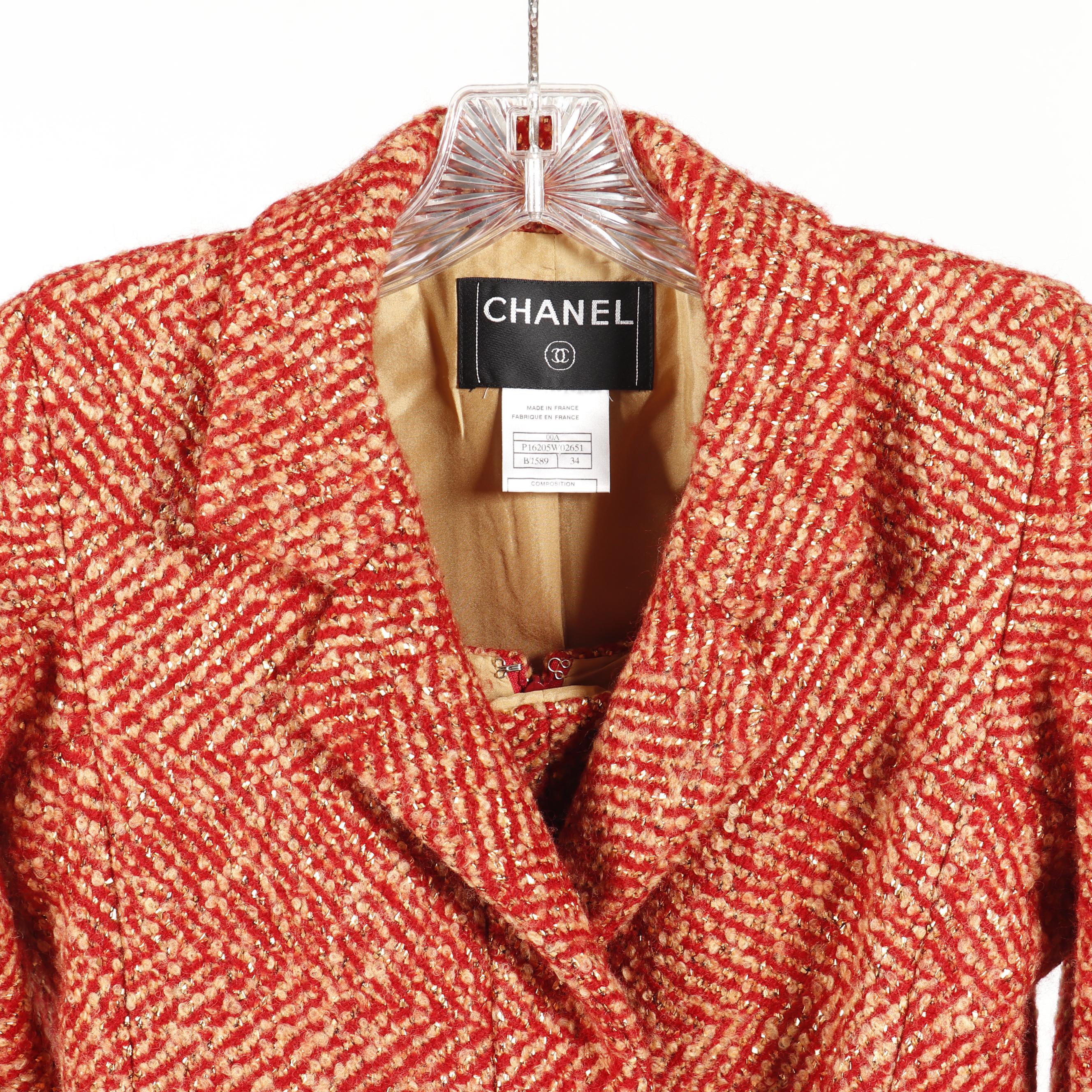 Chanel Red and Tan Tweed Skirt Suit Featuring Metallic Gold Thread