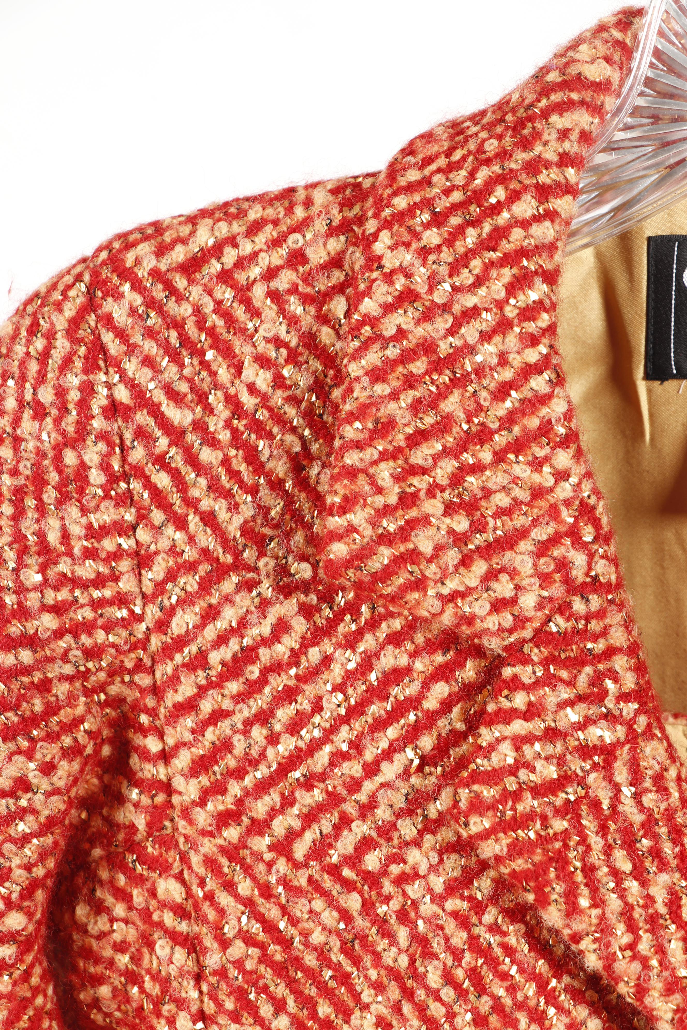 Chanel Red and Tan Tweed Skirt Suit Featuring Metallic Gold Thread