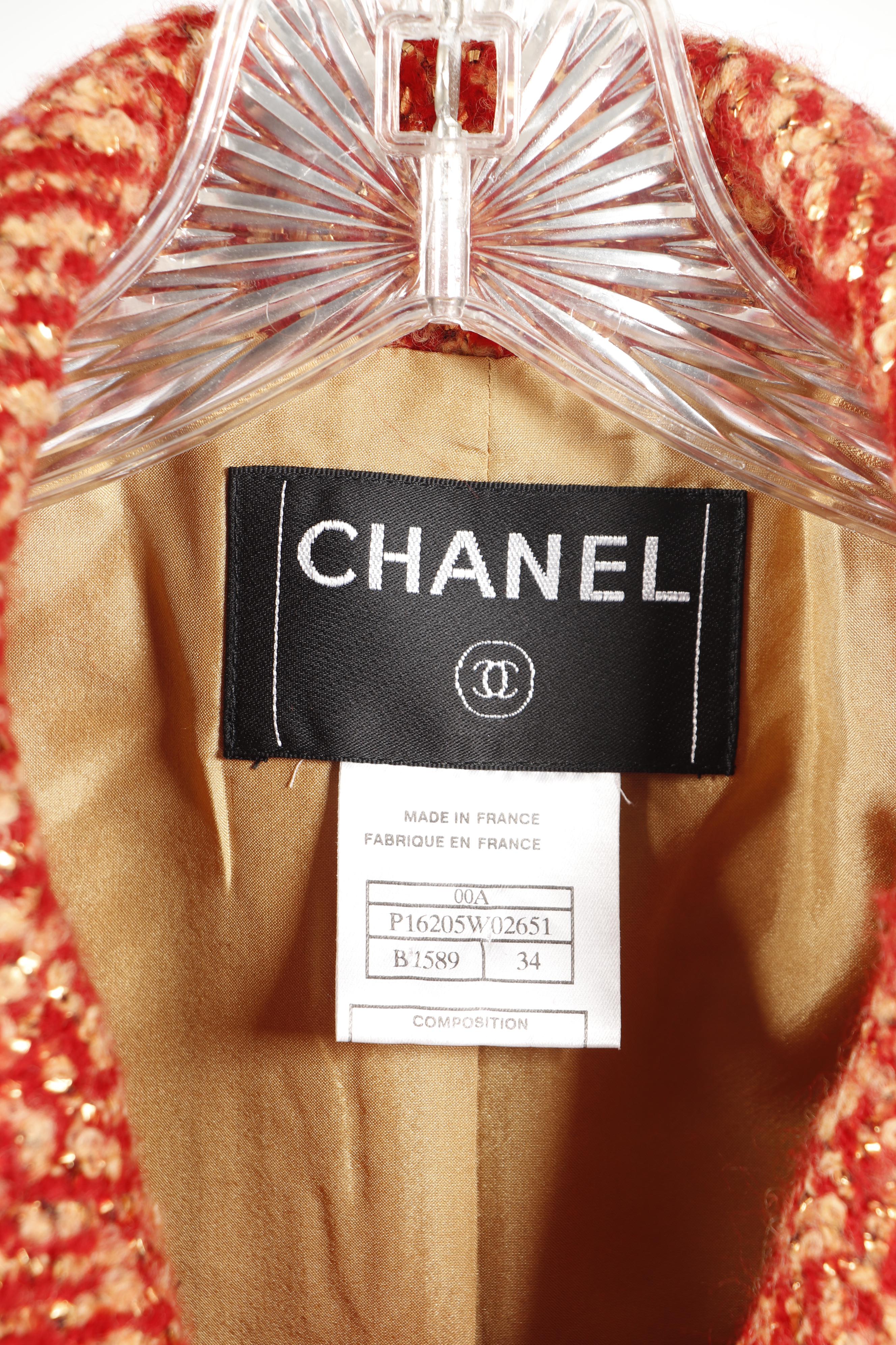 Chanel Red and Tan Tweed Skirt Suit Featuring Metallic Gold Thread