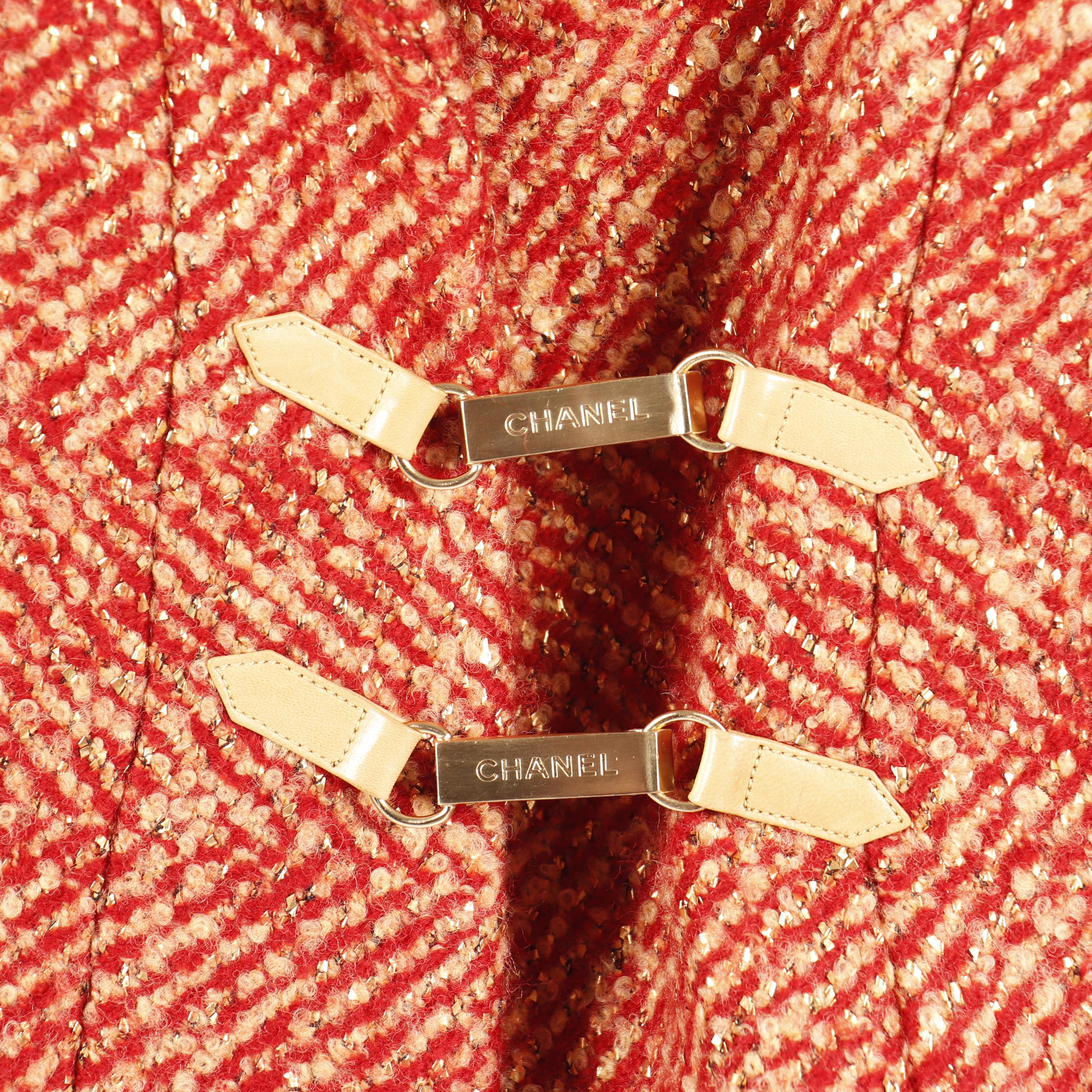 Chanel Red and Tan Tweed Skirt Suit Featuring Metallic Gold Thread