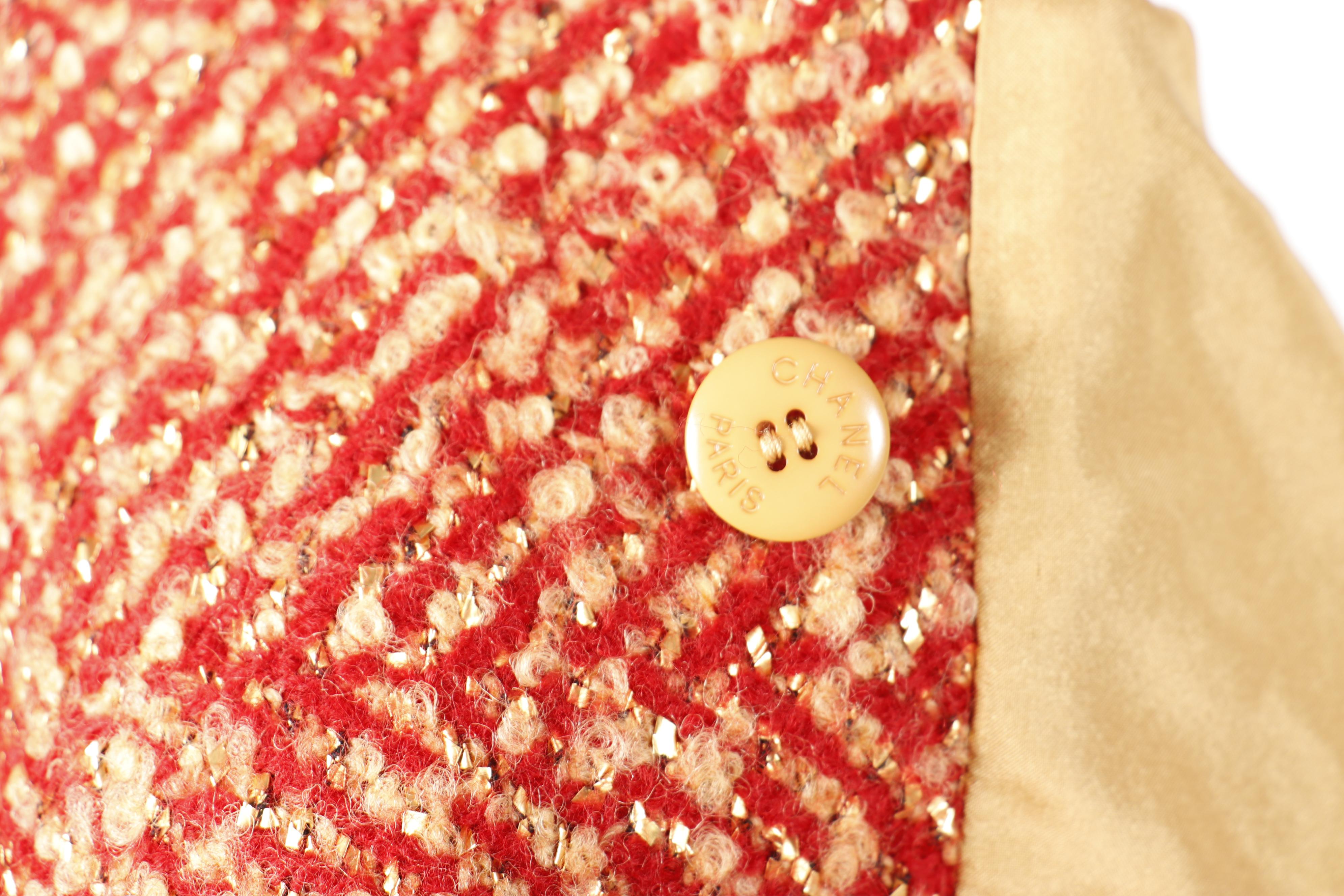 Chanel Red and Tan Tweed Skirt Suit Featuring Metallic Gold Thread