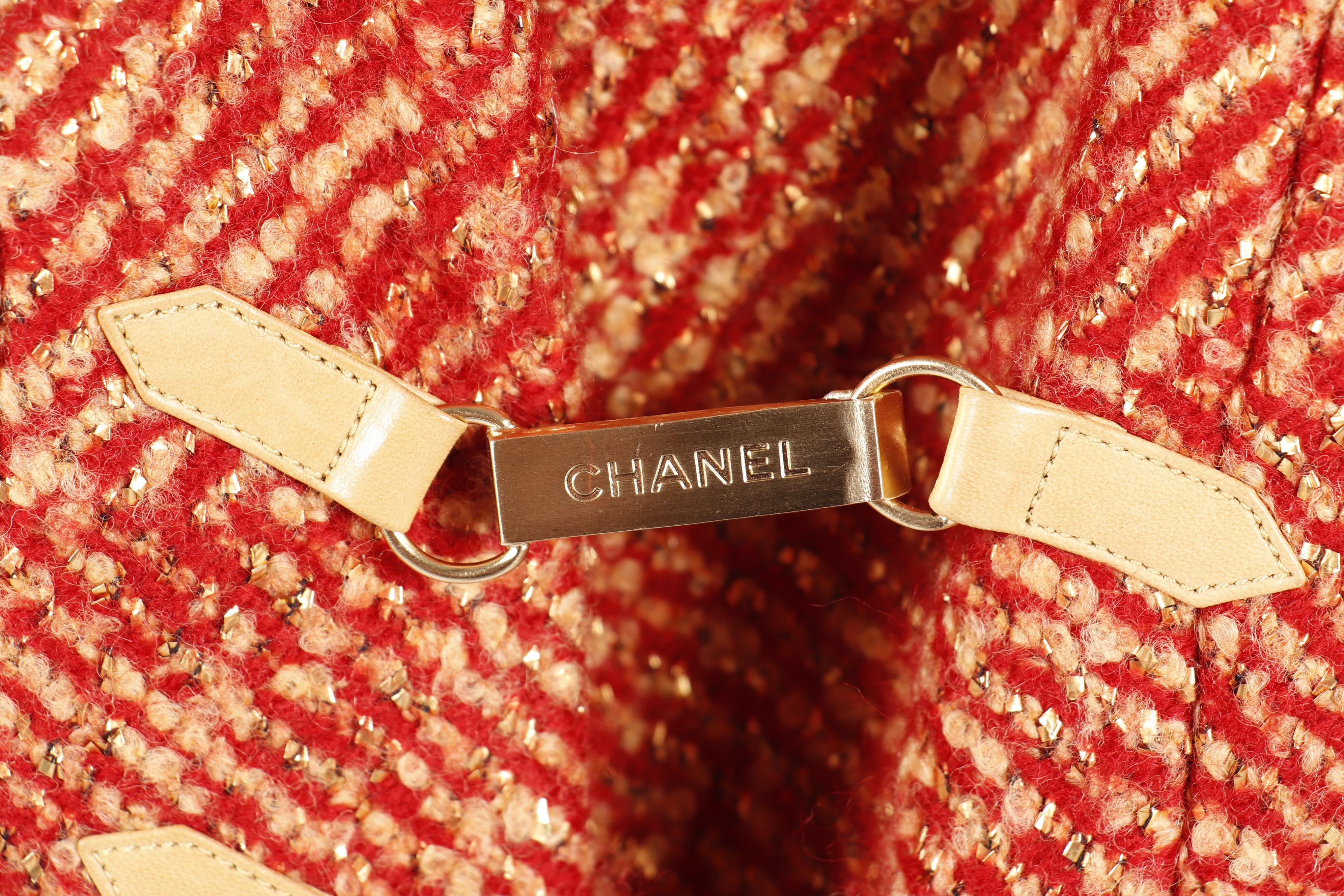 Chanel Red and Tan Tweed Skirt Suit Featuring Metallic Gold Thread