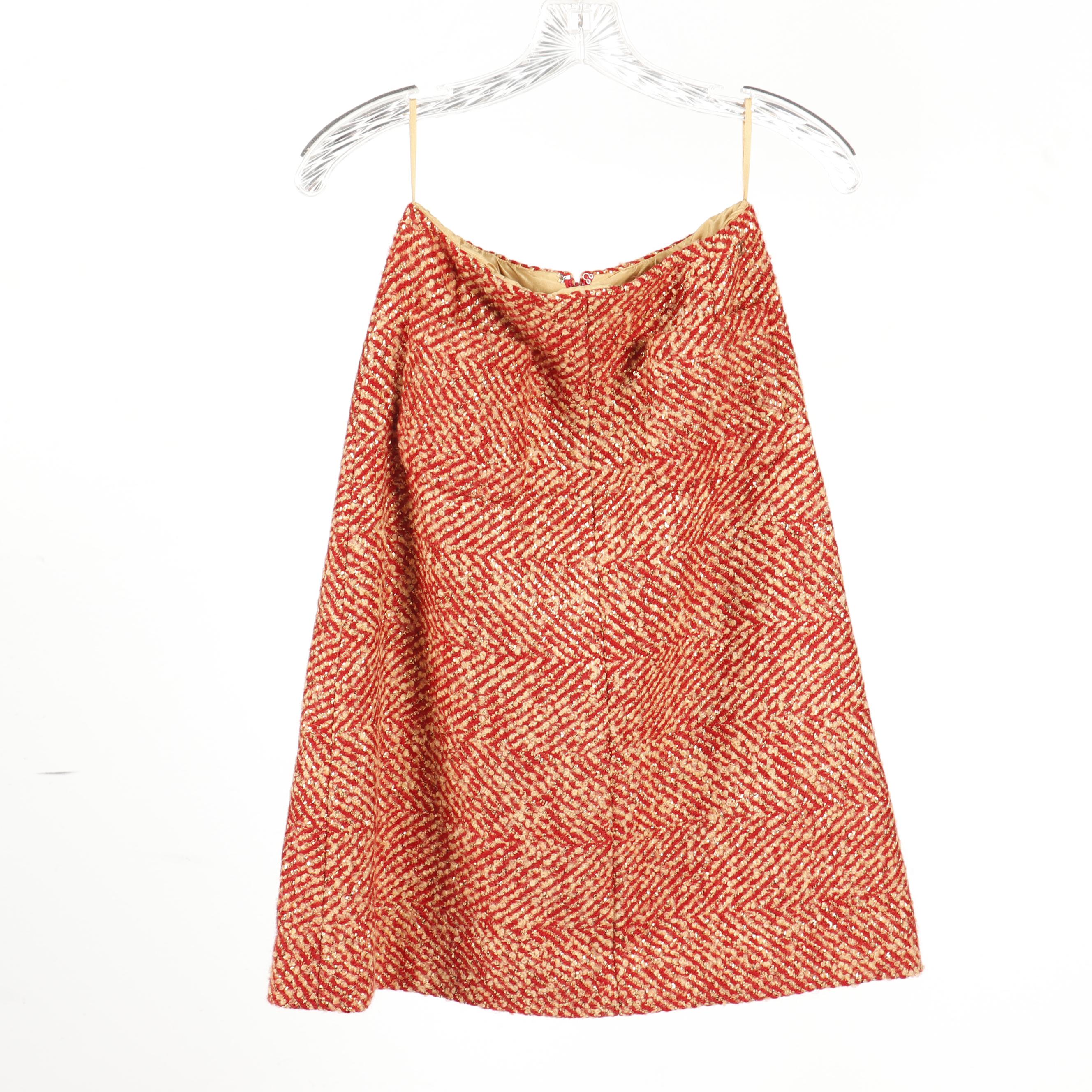 Chanel Red and Tan Tweed Skirt Suit Featuring Metallic Gold Thread