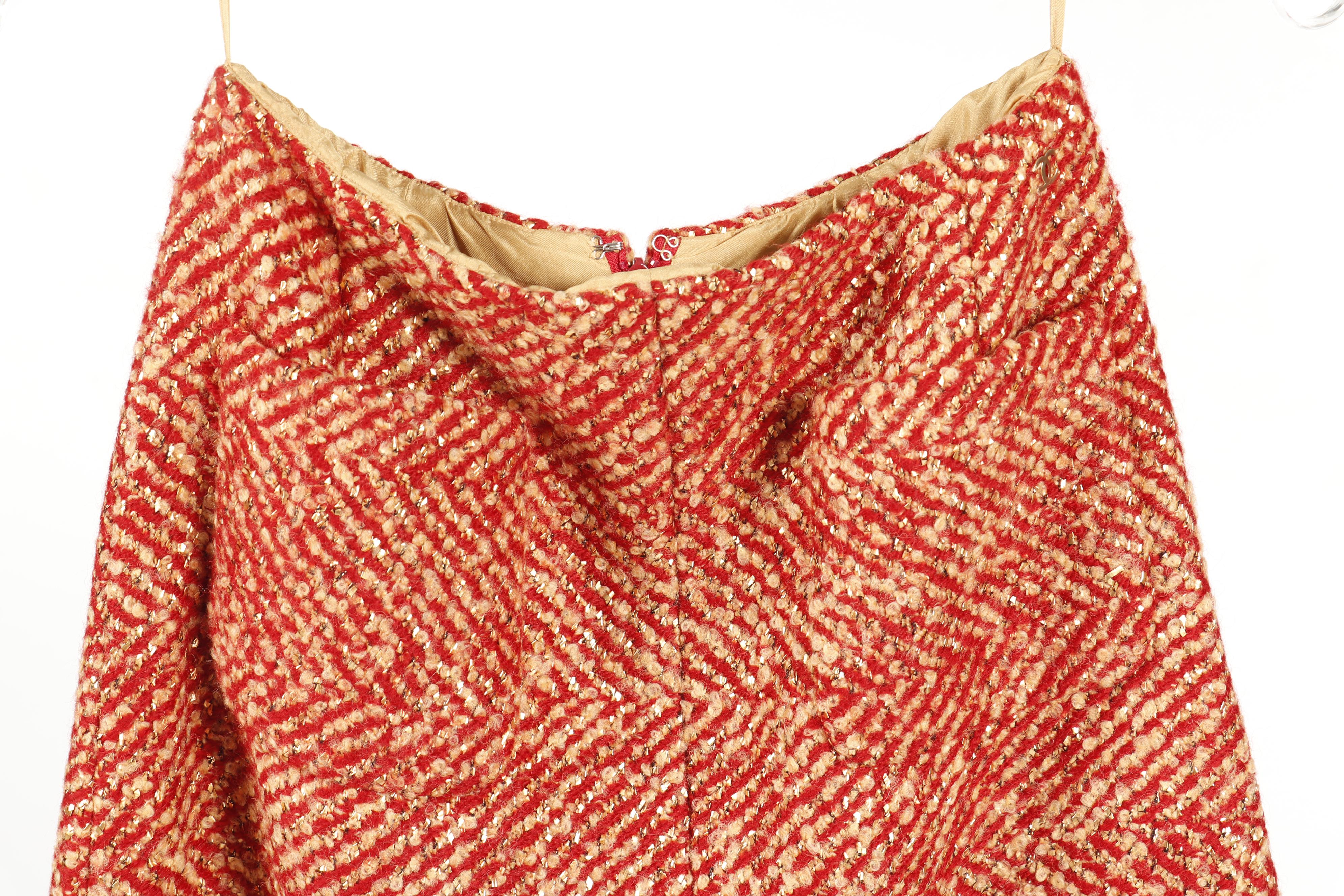 Chanel Red and Tan Tweed Skirt Suit Featuring Metallic Gold Thread