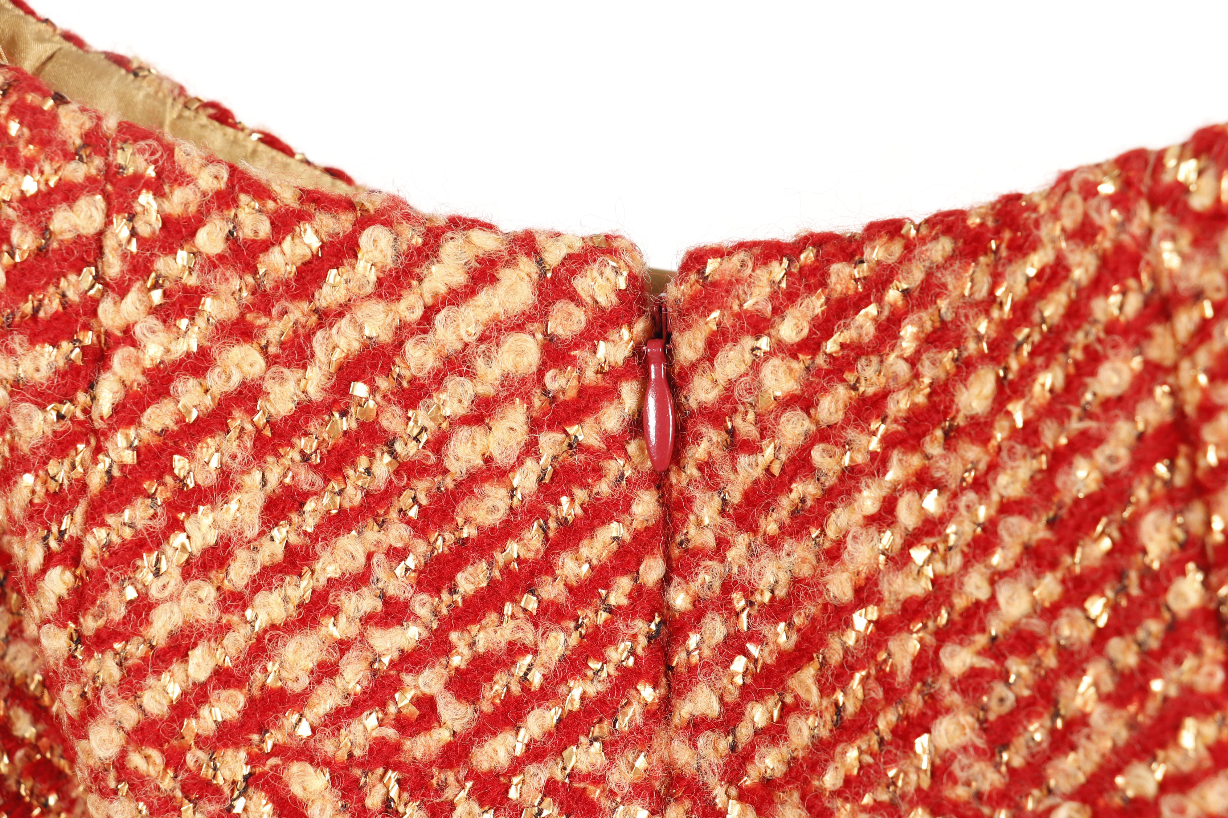 Chanel Red and Tan Tweed Skirt Suit Featuring Metallic Gold Thread