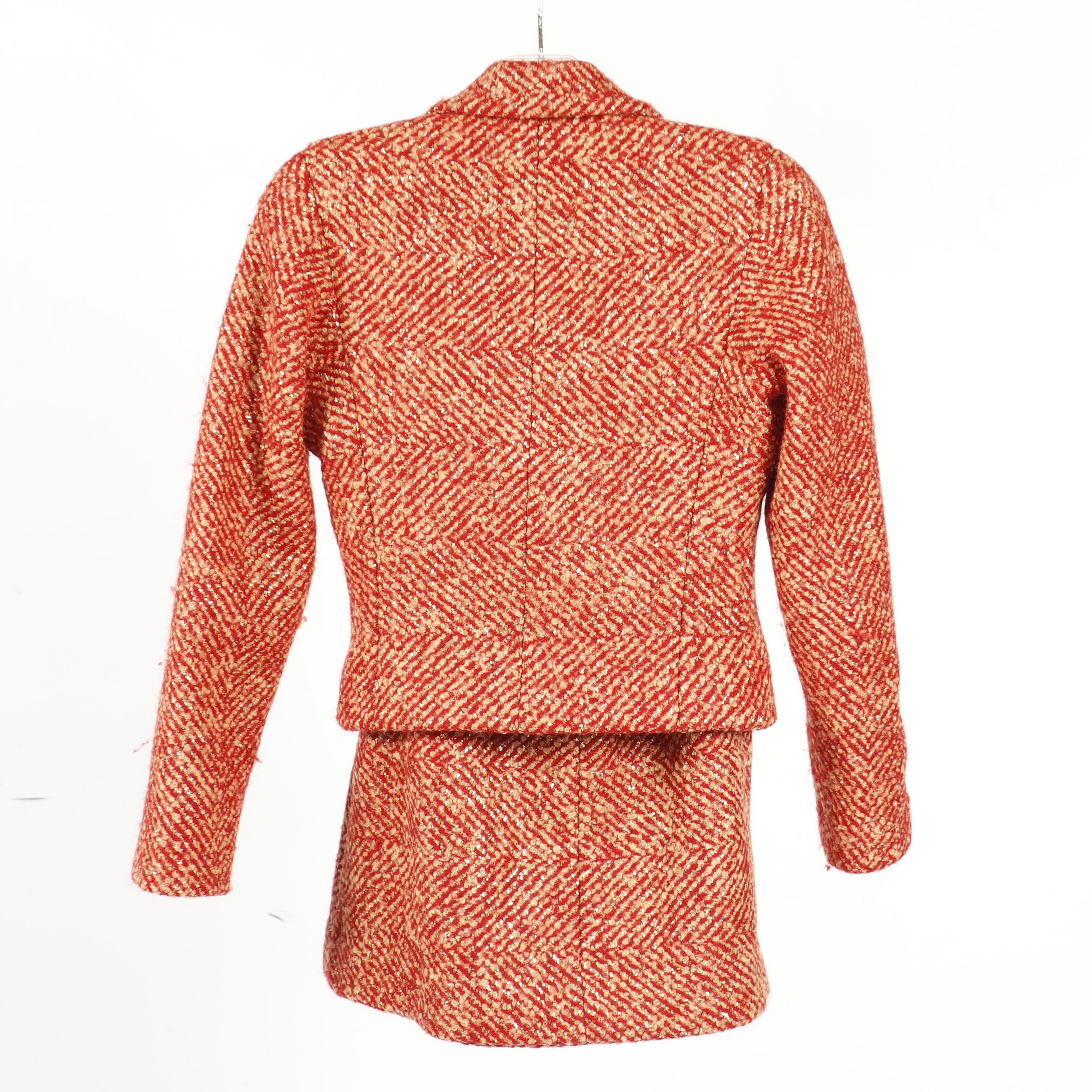 Chanel Red and Tan Tweed Skirt Suit Featuring Metallic Gold Thread