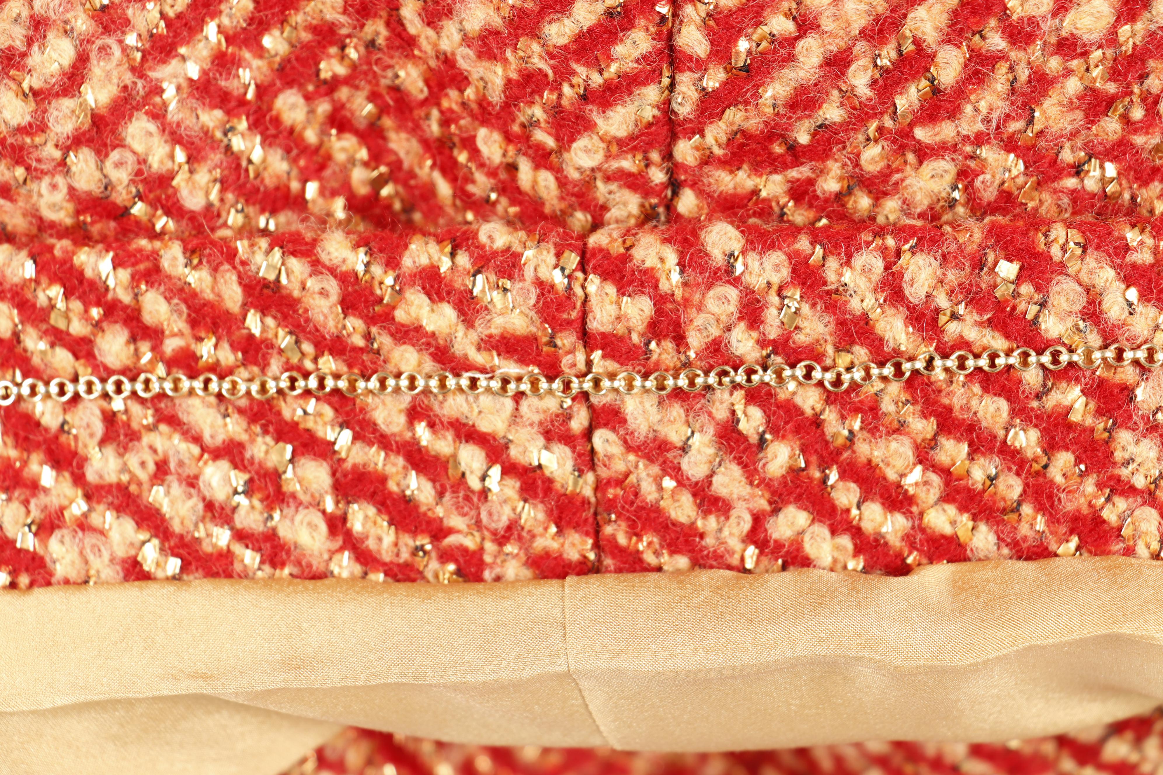 Chanel Red and Tan Tweed Skirt Suit Featuring Metallic Gold Thread