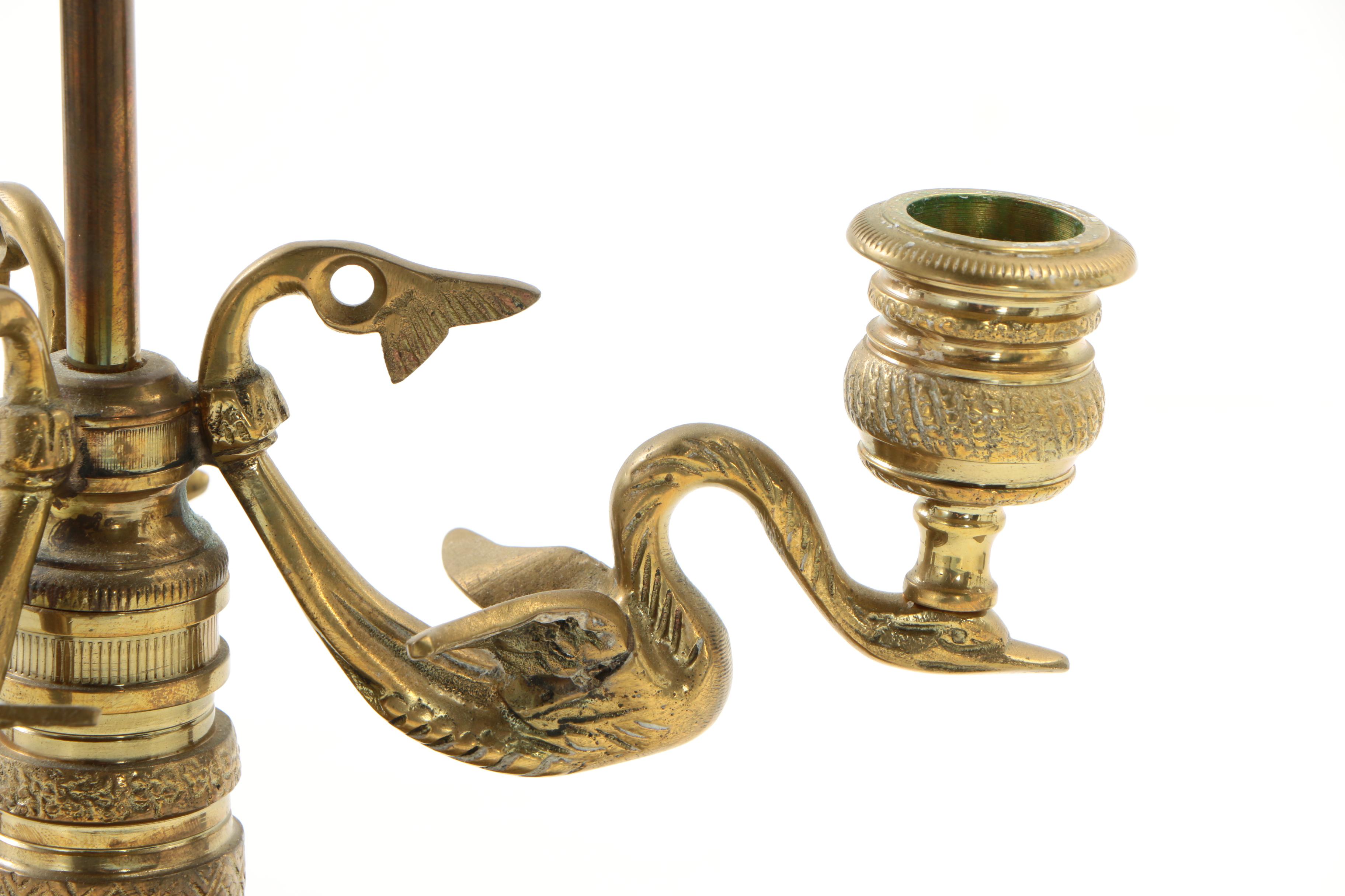 Empire Style Chapman Brass Swan Bouillotte Lamps with Tole Lamp Shades, 1972