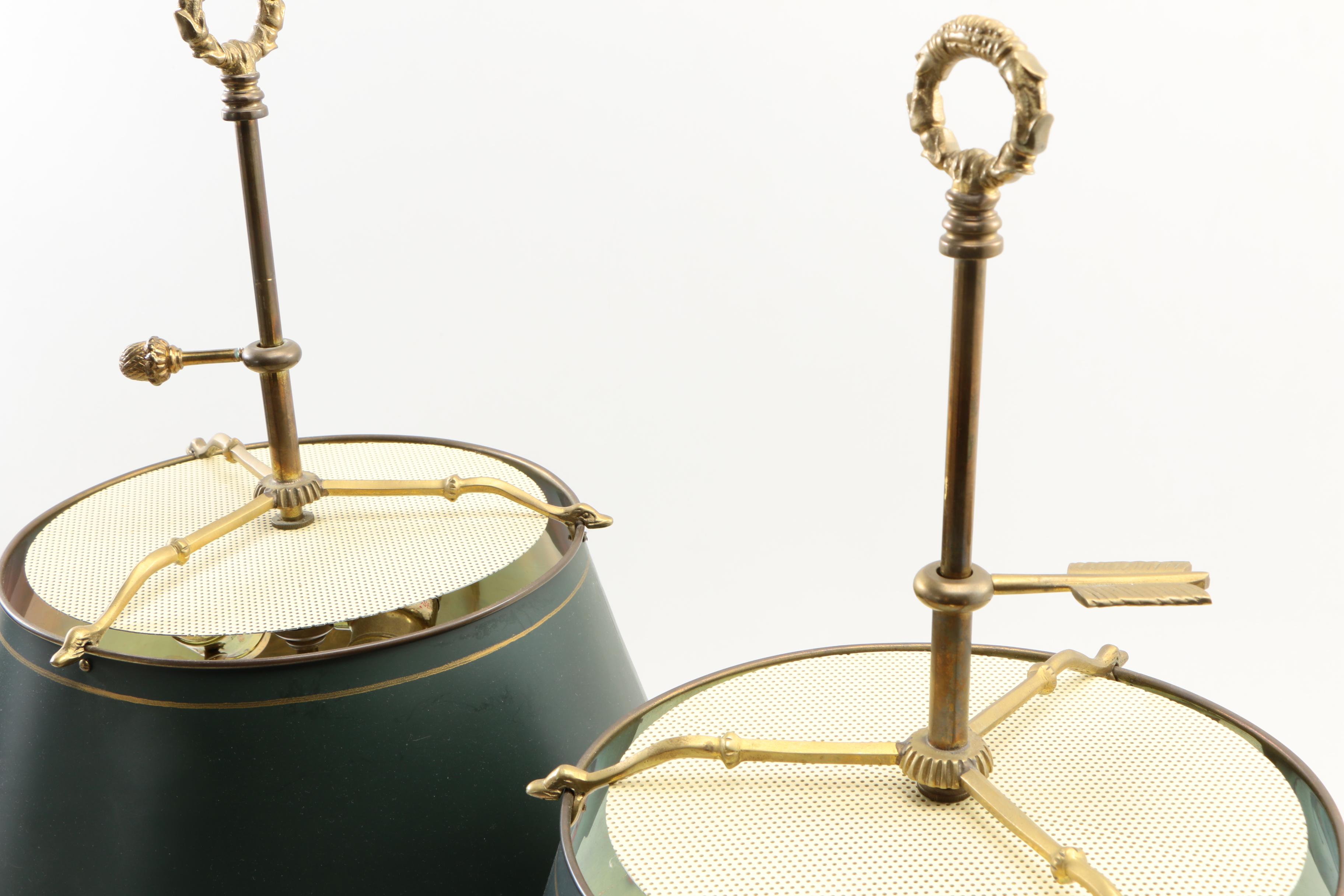 Empire Style Chapman Brass Swan Bouillotte Lamps with Tole Lamp Shades, 1972