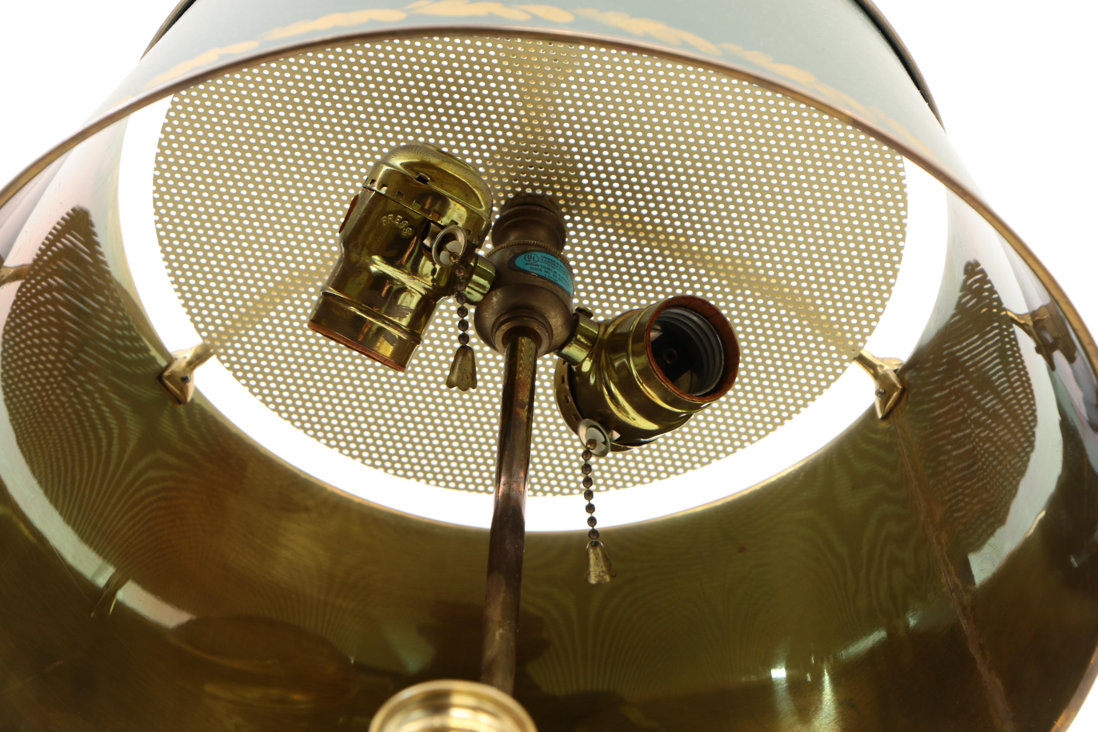 Empire Style Chapman Brass Swan Bouillotte Lamps with Tole Lamp Shades, 1972