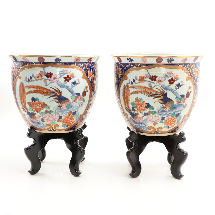Chinese Ceramic Fishbowl Jardinieres with Carved Wooden Stands