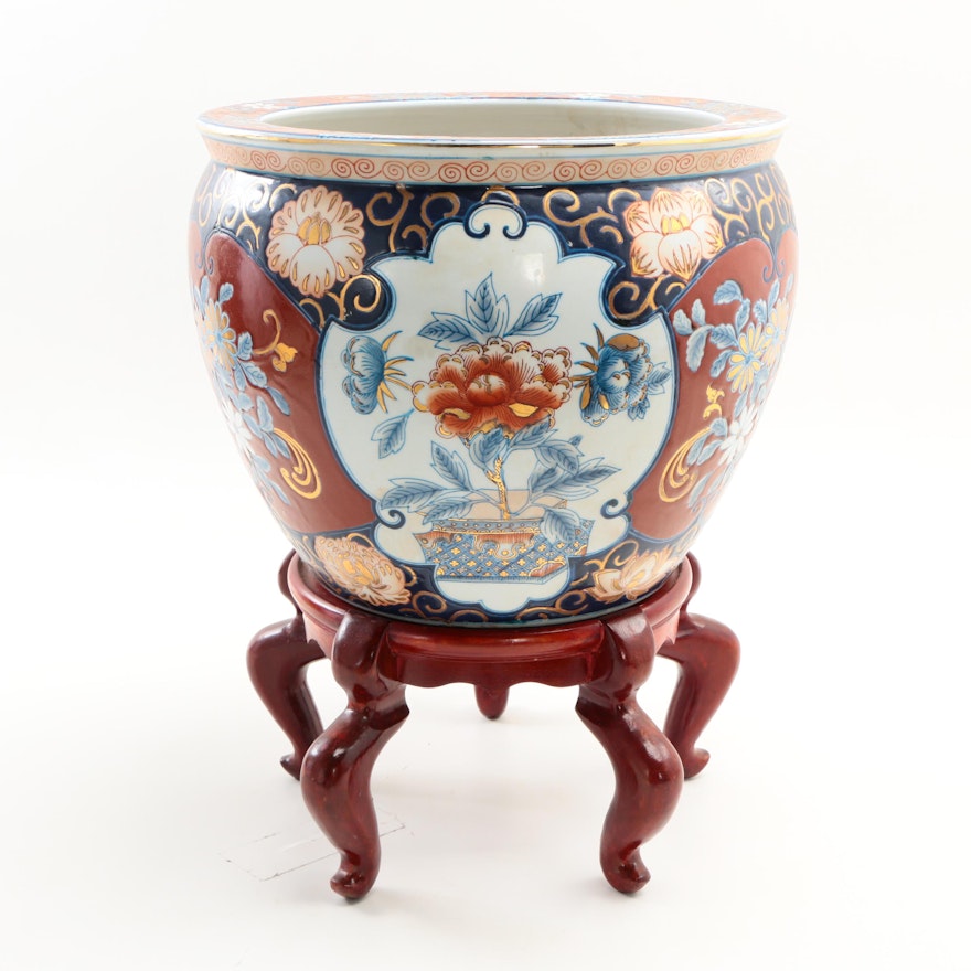 Chinese Ceramic Fishbowl Jardiniere with Carved Wooden Stand